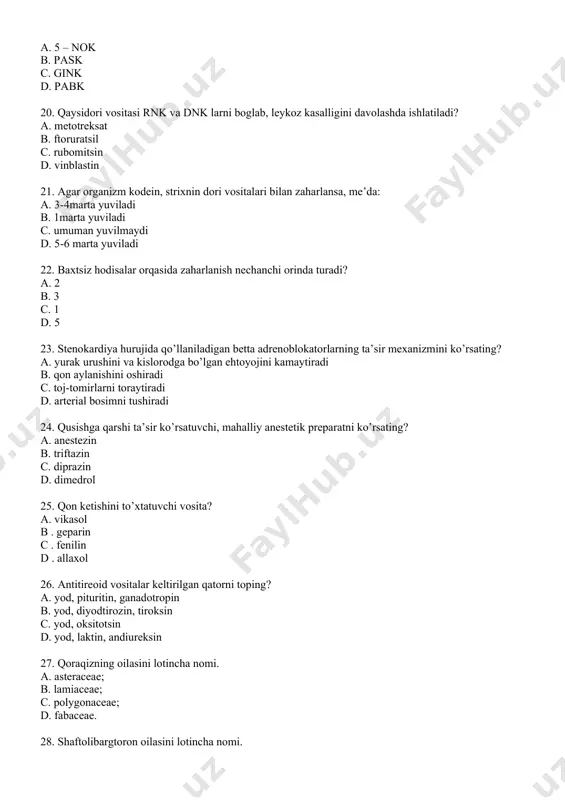 b, tarkibida organik kislotalar, polisaxaridlar, vitaminlar, kumarinlar saqlaydi bu nimani kimyoviy tarkibi? a. asalari elimi; b. propolis; c. asalari zaxari; d. ilon zahari. 35. asalari propolisini tibbiyotda ishlatilishi? a. organizm tonusini oshiruvchi vosita; b. bakteritsid, og‘riq qoldiruvchi va yallig‘lanishga qarshi; c. nerv sistemasini tinchlantiruvchi vosita; d. ishtaxa ochuvchi va ovkat xazmini yaxshilovchi. 36. saponinlarning mahsulot tarkibidagi miqdorini aniqlash usullari a. saponinli ajratmalardan ularni kuchli organik erituvchilar bilan cho‘ktirib aniqlanadi; b. saponinlarni kislotali muhitda cho‘ktirish orqali aniqlanadi; c. spektrofotometrik usul yordamida; d. saponinli ajratmani turg‘un ko‘pigini o‘lchash orqali aniqlanadi. 37. saponin saqlovchi mahsulotlarni biologik usul bilan baholash a. baqalarda o‘tkaziladi; b. baliqlarda o‘tkaziladi; c. xayvonlarni qoni bilan gemolitik indeksi aniqlanadi; d. mushuklarda o‘tkaziladi. 38. aloy o‘simligining o‘sadigan joylari? a. afrika; b. kavkaz; c. afrika, kavkaz; d. ukraina. 39. aloy bargining kimyoviy tarkibi? a. antratsen unumlari, smola, achchiq moddalar; b. antratsen unumlari, alkaloidlar, efir moyi; c. flavonoidlar, kumarinlar; d. yurak glikozidlari. 40. …