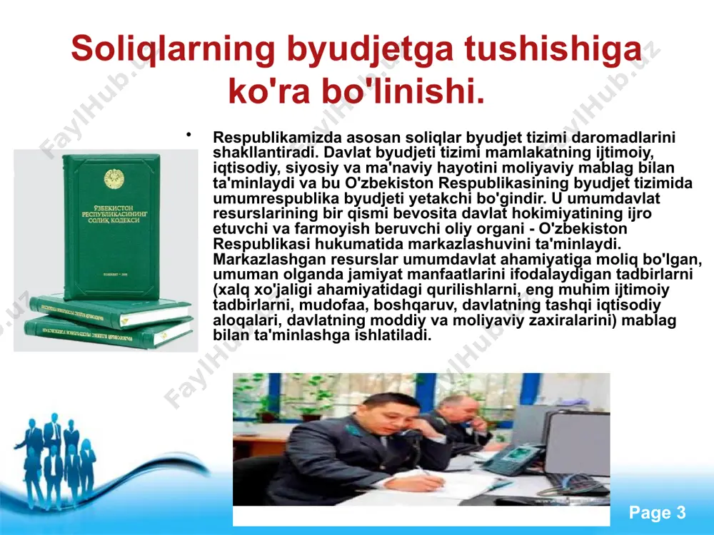 boshqa tushumlar 8,6 4,7 4,3 3,1 6,7 7,8 free powerpoint templates page ‹#› soliqlar davlat byudjetini to`ldirishdan tashqari mamlakatdagi ijtimoiy-iqtisodiy jarayonlarni tartibga solishda ham muhim rol o`ynaydi. qadim zamonlarda ham ijtimoiy-iqtisodiy munosabatlar va jarayonlarni tartibga solishda soliqlardan foydalanib kelingan, hatto davlatchilikning shakllanishida ham soliqlar ma’lum rol o`ynagan. chunki davlatchilikning shakllanishi mukammal, barqaror bo`lmagan ijtimoiy-iqtisodiy munosabatlarga tayangan. shuning uchun davlat paydo bo`lishining dastlabki bosqichlarida moliyaviy va iqtisodiy munosabatlarni jonlantirishda davlat hukmdorlari har xil soliq to`lovlaridan foydalanib, o`z oldilariga turgan muammolarni yechishga harakat qilishgan. free powerpoint templates page ‹#› umumdavlat soliqlari har yili qonuniy tartibda belgilanadigan normativlar bo'yicha tegishli byudjetlar o'rtasida taqsimlanadi. o'zbekiston respublikasi soliq kodeksining 7 moddasiga muvofiq mahalliy soliqlar va yigimlarga quyidagilar kiradi: 1) mol-mulk soligi; 2) yer soligi; 3) infratuzilmani rivojlantirish soligi; 4) jismoniy shaxslardan transport vositalariga benzin, dizel yoqilgisi va gaz ishlatganlik uchun olinadigan soliq; 5) savdo-sotiq qilish huquqi uchun yigim, shu jumladan ayrim turlardagi tovarlarni sotish huquqini …