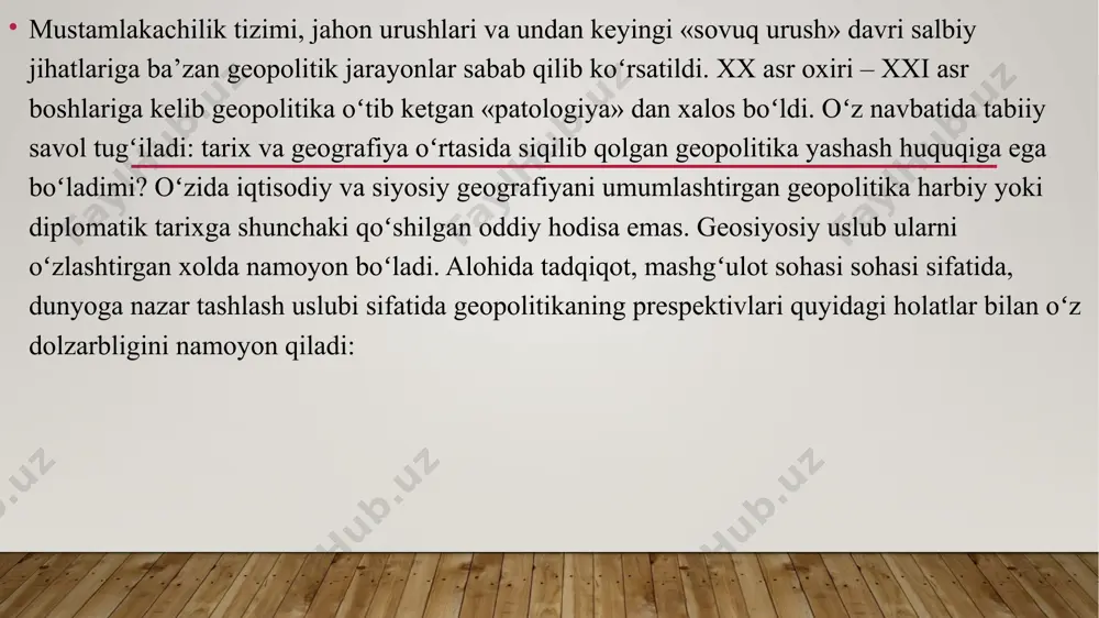 z oʻzgarib turibdi. geosiyosat ob’ekti – dunyoning geosiyosiy tuzilishi va xalqaro dunyoviy tartibot. geosiyosat ob’ektida jahonning geosiyosiy xaritasi turishi birinchi navbatda, dunyoning koʻpqutbli dunyoga aylanishi bilan va xalqaro munosabatlarning yangi bir transformatsiya – davlatlarning oʻz ta’sir doiralari uchun kurash bosqichiga koʻtarilishi bilan bogʻliq boʻlsa, ikkinchidan, jamiyatda koʻpqirrali global dunyoviy siyosat tushunchasining shakllanishi bilan ham bogʻliqdir. mazkur masalalar geosiyosat ob’ektida yaxlit holatda turishi mumkin, biroq geosiyosat ularni tahliliy jihatdan oʻrganishni bir qator bosqichlarda koʻradi. masalan, zamonaviy geosiyosat dunyoning siyosiy xaritasida kechayotgan jarayonlarni umumbashariy, mintaqaviy va ma’lum bir davlatning oʻzigagina daxldorligidan kelib chiqib tahlil etadi va tegishli xulosalarni chiqaradi. e.pozdnyakov fikricha geopolitikaning asosiy e’tiborini davlat oʻzining siyosiy, harbiy, iqtisodiy manfaatlarini hal etishda, shunga qaratilgan siyosatida geografik omillarga tayanib ish yuritishiga qaratishi l ozim. yu.tixonravov fikricha geopolitikani siyosatni geografik muhit tomonidan yaratilgan – joylashgan atrof-makon, iqlim, landshaft, foydali qazilmalar, ekologiya, demografiya, va sh.k siyosiy boʻlmagan tizim oʻzaro ta’siri qonuniyatlarini oʻrganuvchi fan sohasi sifatida …