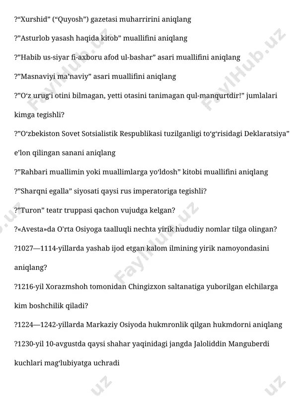 bo’lib o’tgan? ?1893 yilda ismoilbek gaspirali qayerda “muzaffariya” jadid maktabini ochadi ?1916-yil qaysi shaharda bo‘lgan qo‘zg‘olon natijasida 2 ta mirshab va 63 ta qo‘zg‘olonchi o‘ldirilgan? ?1918-yil martdagi qo`rboshilarning birinchi qurultoyida katta ergash qanday lavozimni egalladi ?1918-yil martida qo'qon uyezdining bachqir qishlog‘ida o’tkazilgan qo’rboshilar qurultoyida kim «amir al-muslimin» unvoniga sazovor bo’ldi? ?1920-yil 30 aprelda qabul qilingan va kirish so`zi, 13 bob, 37 – moddadan iborat konstitutsiya qays davlatga tegishli edi? ?1920-yil qizil armiya qo'shinlaridan mag’lubiyatga uchragan amir olimxon qayerga o'tib ketadi? ?1930 yilda qatag’on qilingan sa’dulla qosimov kim bo`lib ishlagan? ?1978 yil qabul qilingan o’zbekiston respublikasi konsitutsiyasining qachondan o’z kuchini yo’qotdi? ?1989 yil mart-iyun oylarida o’zbekistonning qaysi viloyat va shaharlarida millatlararo mojarolar ro’y berdi? ?1990 yil 20 iyun kuni o’zbekiston respublikasi oliy kengashning 2 sessiyasida qanday deklaratsiya qabul qilindi? ?1990 yil 24 mart kuni o`zbekistonda qanday lavozim joriy etildi? ?1992 yil 2 mart kuni o`zbekiston qaysi tashkilotga a’zo bo`lib kirdi? ?1992-yil …