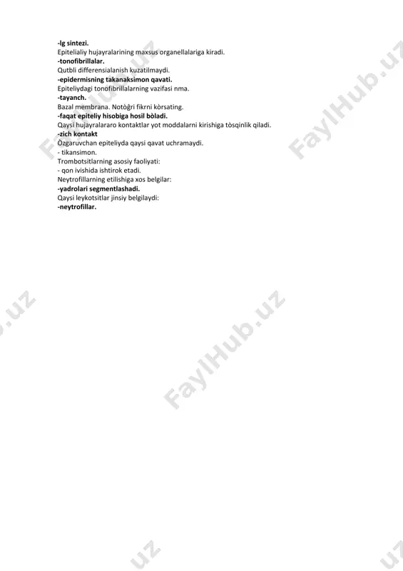 -mioepitelial hujayralar -mushakduklari 14.#miofibrillaning morfofunksional birligi: -sarkomer -mion -miosimplast -miofibrilla -osteon 15.#skelet mushak to’qimasining regeneratsiyasini ta'minlaydi: -miosimplast -mioblast -miofibrilla -miosatellitotsit -sintitsiy 1.biriktiruvchi to‘qimani pishiqligini taminlaydi vыberite odin otvet: a. elastik tolalar b. kollagen tolalar s. argirofil tololar d. petikulyar tolalar 2.elastik tolalarda uchrayligan aminokislota vыberite odin otvet: a. sistin b. izodesmozin s. lizin d. gistidin 3.makrofaglar xosil bo‘ladi vыberite odin otvet: a. monotsitlardan b. limfotsitlardan s. eritrotsitlardan d. fibroblastlardan 4.geparin va gistamin ishlab chikaruvchi xujayraning nomi vыberite odin otvet: a. makrofag b. fibroblast s. labrotsit d. adipotsit 5.kong‘ir yog‘ to‘qimasini vazifasi vыberite odin otvet: a. tayanch b. trofik s. issiq ishlash d. mexanik 6.pigment xujayralarning taraqqiyot manbai vыberite odin otvet: a. nerv tӳqimasi b. mezenxima s. o‘zak xujayra d. epiteliy 7.zich tolali shakllanmagan biriktiruvchi to‘qima uchraydi vыberite odin otvet: a. terining sorg‘ichli qavatida b. aponevrozlarda s. terining torsimon qavatida d. payda 9.yallig‘lanish soxasida ko‘p uchraydigan xujayra vыberite odin otvet: a. …