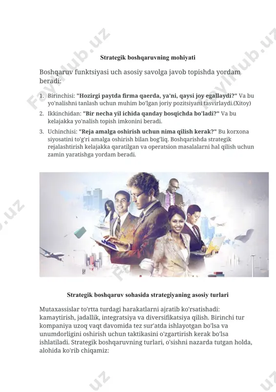 og'liq. boshqarishda strategik rejalashtirish kelajakka qaratilgan va operatsion masalalarni hal qilish uchun zamin yaratishga yordam beradi. strategik boshqaruv sohasida strategiyaning asosiy turlari mutaxassislar to'rtta turdagi harakatlarni ajratib ko'rsatishadi: kamaytirish, jadallik, integratsiya va diversifikatsiya qilish. birinchi tur kompaniya uzoq vaqt davomida tez sur'atda ishlayotgan bo'lsa va unumdorligini oshirish uchun taktikasini o'zgartirish kerak bo'lsa ishlatiladi. strategik boshqaruvning turlari, o'sishni nazarda tutgan holda, alohida ko'rib chiqamiz: 1. kuchli . kompaniyaning faoliyati to'liq amalga oshirilmagan bo'lsa, bunday reja boshqalarga qaraganda yaxshiroqdir. bozorga jiddiy kirib borish, o'z imkoniyatlarining chegaralarini kengaytirish va mahsulotni takomillashtirish kabi uchta kichik tip mavjud. 2. integratsiya . kompaniya tanlangan sektorda mustahkam o'rnatilganida ishlatiladi va u turli yo'nalishlarda harakatlanishi mumkin. 3. diversifikatsiya . ushbu parametr tanlangan sektorda kengaytirish imkoniyati mavjud bo'lmasa yoki boshqa sanoatga kirish katta istiqbol va foyda uchun oldindan belgilab qo'yilgan bo'lsa, javob beradi. bu y 4. erda uchta kichik tip mavjud: bir xil tovarlarni qo'shish, yangi turdagi mahsulot turlarini …