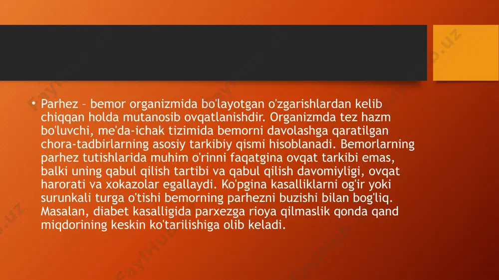 mahsulotlari, shakar, asal tavsiya etiladi. kuniga 200 gramm tvorog va bitta chala qaynatilgan tuxum albatta beriladi. shovul, ismaloq, qo'ziqorin, limon, kakao, nordon mevalarni yeyish tavsiya qilinmaydi. alkogolli ichimliklar, rangli va gazli ichimliklar, yog'li go'shtlar, dudlangan mahsulotlar, konserva, muzqaymoqlar, kakao, shokolad ham bemorlar uchun zararli. 6-sonli parhez stoli podagra (bo'g'im og'riqlarida), urat tuzlari bilan bog'liq kasalliklarda belgilanadi. . sut va uning mahsulotlari, qora va oq non, asal, sho'rvalar, shirin mevalar, murabbolar, salat bargi, bodring, limon yoki olma, uzum sirkasi qo'shilgan mahsulotlar, chala qaynatilgan tuxum, go'shtni haftada 2-3 marta iste'mol qilish mumkin. bir kecha-kunduzda tuz miqdori 6-8 grammgacha buyuriladi. kuniga 2-3 litrgacha ko'p suv ichish kerak. bemorga s va v vitaminlarga boy mahsulotlar beriladi. go'sht, jigar, buyraklar, dudlangan mahsulotlar, dumba, dudlangan cho'chqa yog'i, selyodka balig'i, achchiq sous, shprot, pashtet, qo'ziqorin, dukkakli mahsulotlar, ismaloq, shovul, kofe, kakao, shokolad, alkogol mahsulotlarini iste'mol qilish mumkin emas. 7-sonli parhez stoli o'tkir va surunkali nefrit (buyrak) kasalliklarida …