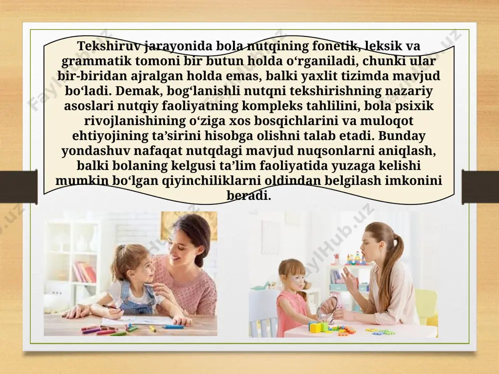tual salohiyatini ham aniqlash imkonini beradi. demak, baholash va tahlil qilish jarayoni samarali tashkil etilsa, bog‘lanishli nutqdagi muammolarni bartaraf etish bo‘yicha aniq va manzilli tavsiyalar ishlab chiqish mumkin. image7.png image8.png image9.png image10.png image11.png image12.png image13.png image14.png image15.png image16.png image3.png image4.png /docprops/thumbnail.jpeg