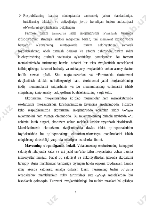 salohiyat va imkoniyatlardan jahonda ekoturizmi taraqqiy etgan mamlakatlar tajribasiga tayangan holda oqilona foydalanish hamda ilmiy asosda xatolarsiz amalga oshirish lozim. turizmning turlari bo‘yicha ixtisoslashuv mamlakatimiz milliy turizmidagi eng og‘riqli masalalardan biri hisoblanib qolmoqda. turizmni rivojlantirishdagi bu muhim masalani hal qilishga 6 kirishmayotganligimizning o‘zi turizm sohasidagi muammolarni ilmiy-amaliy jihatlardan tadqiq qilishga e’tiborsizligimiz hisoblanadi. ekoturizmning mohiyati va mazmuni haqida «tabiatni muhofaza qilish xalqaro ittifoqi», «xalqaro turizm jamiyati», «yovvoyi tabiat umumjahon jamg‘armasi» va boshqa ko‘plab xalqaro tashkilotlar butunjahon turizm tashkilotining ekoturizm haqidagi ta’rifini qabul qildi. dunyo hamjamiyatiga xizmat qiluvchi yuqoridagi xalqaro markazlarning o‘z oldiga qo‘ygan maqsadlari har xil bo‘lsada, ekoturizmning o‘rnini belgilashdagi xulosalari deyarli bir xil. chunki, ekoturizmni targ‘ib qilayotgan, btt, xtj tabiatni muhofaza qiluvchi– tmkhi ning ish tartibi, maqsadlari doimo biri-biriga qarshi turadi. dastlabki ikki xalqaro jamiyat tabiatdan turistik maqsadlarda foydalanish tarafdori, keyingi xalqaro tashkilot esa tabiatni muhofaza qilish tarafdori. ekoturizmning jahon miqyosida jadal rivojlanib borayotganligining yana bir sababi ham shundaki, tabiatni …