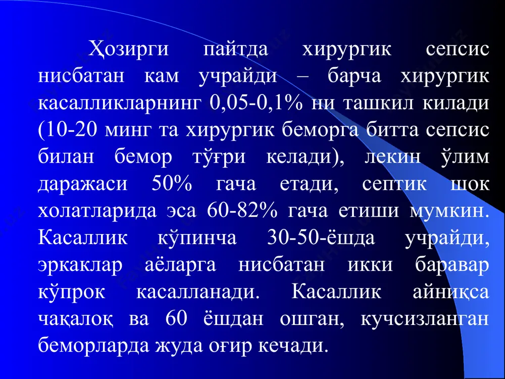 а тўлишган, катталашган, кесиб кўрганда септик қиринди (септический соскоб) аниқланади. микроскопик текширувда талоқ пульпасининг пролиферацияси, гемолизга учраган эритроцитларнинг кобиқлари, ва хужайралар некрози кўринади. лимфа тугунларининг катталашуви, некротик йирингли ўзак сақловчи танглай муртакларининг шишганлиги характерли. жигарда строманинг яллиғланиши кўринишида септик гепатит манзараси, буйракларда некротик нефроз ва септик нефрит аниқланади. мияда шиш, мия пардаларига қон қуйилиши, иккиламчи менингит ва энцефалит топилади. ўпкаларда геморрагик яллиғланиш белгилари, ички аъзоларда эса кўп сонли абсцесслар топилади. сепсиснинг таснифи: этиологиясига кўра: 1. аэроб а) граммусбат: стафилококкли, стрептококкли, пневмококкли. б) грамманфий: протейли, кўк йиринг таёқчали, сальмонеллезли, эшерихияли, клебсиеллали 2. анаэроб а) спора хосил килмайдиган микроорганизмлар (ноклостридиал). б) спора хосил килувчи микроорганизмлар (клостридиал). кандидозли полимикроб келиб чикишига кўра жарохатдан кейинги (раневой) операциядан кейинги (послеоперационный) ички (внутренний) (пневмониядан, ангинадан кейин). криптоген клиник кечишига кўра яшин тезлигида кечувчи (молниеносный), кескин инфекцион-токсик шок билан кечиб 1-2 кунни ичида ўлимга олиб келувчи тури ўткир 5-7 суткагача. ўткир ости, кечикувчи (подострый, затяжной) 7-30 кунгача. …