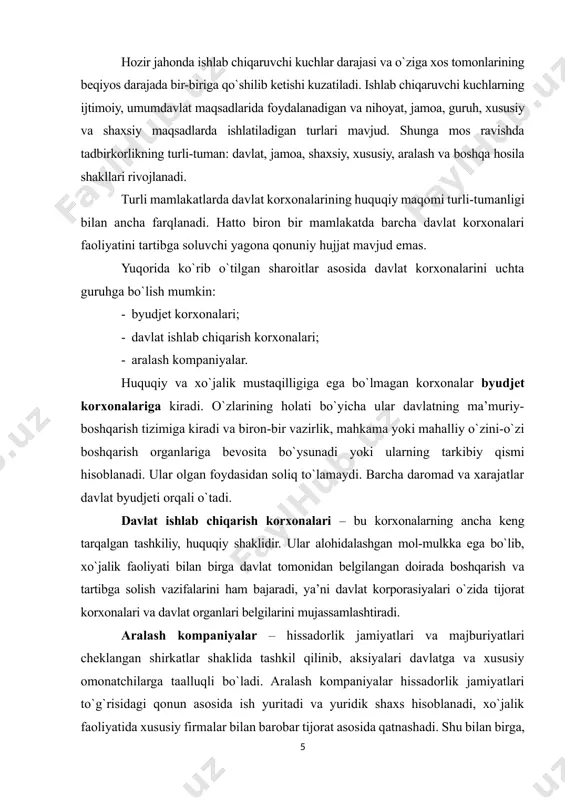 birkorlikning asosiy belgilari quyidagilardan iborat: ishlovchilarning ishlab chiqarish vositalari bilan bevosita qo`shilishi (xususiy mulkchilikda bunday qo`shilishda mulkdor, davlat mulkchiligida esa davlat vositachi hisoblanadi); kooperasiya a’zolarining ishlab chiqarish vositalaridan keng foydalana olishi; ularning iqtisodiy jihatdan teng huquqliligi; jamoaning o`z-o`zini boshqarishni amalga oshirishi; jamoa va shaxsiy manfaatlar uyg`unligi yuzaga kelishi va h.k. xususiy tadbirkorlik alohida shaxs yoki korxona tomonidan xususiy tashabbus asosida tashkil qilinadi. tadbirkorlikning bu shaklida mulk va ishlab chiqarish natijalari xususiy shaxslarga tegishli bo`lib, ishlab chiqarishni tashkil qilish yollanma mehnatga asoslanadi. yakka tartibdagi tadbirkorlik shaxsiy mulkka asoslanadi, ishlab chiqarishni tashkil qilish o`zi yoki oila a’zolari mehnati asosida amalga oshiriladi. shaxsiy korxona egasi uning menejeri ham hisoblanib, korxonaning barcha majburiyatlari uchun shaxsiy javobgar bo`ladi. xo`jalik xuquqi nuqtai-nazaridan yakka tartibdagi tadbirkorlik huquqiy shaxs hisoblanmaydi, shu sababli uning egasi cheklanmagan mas’uliyatga ega bo`lib, faqat fuqarolardan olinadigan daromad solig`ini to`laydi. bu odatda kichik magazin, xizmat ko`rsatish sohasidagi korxonalar, dehqon xo`jaliklari, shuningdek, huquqshunos, vrach, advokat …