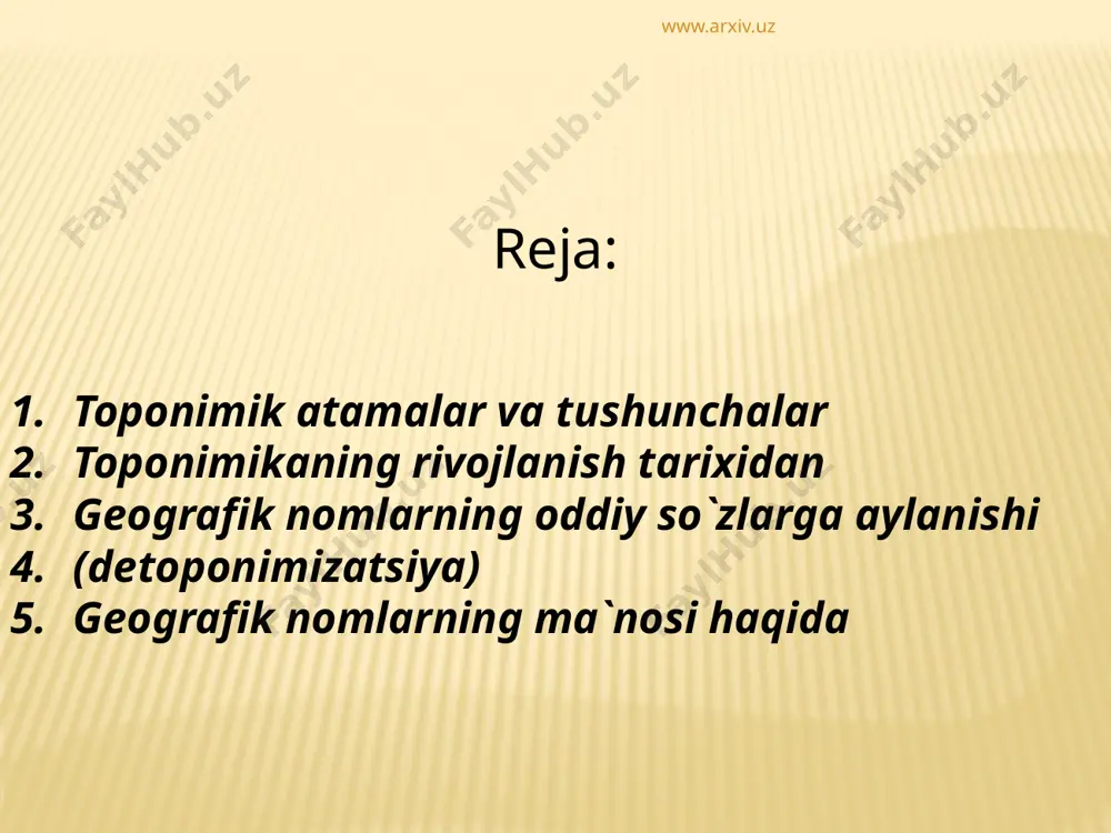lar, qabilalar, urug`lar nomidan kelib chiqqan geografik nomlar: malik, bo`ka, turkqishloq, sergeli, o`zbekiston. gibrid nomlar - turli qismlari turli tildagi so`zlardan iborat bo`lgan murakkab geografik nomlar: ko`hitangtog`, gugurttog, taxtapul. gidronim - okean, dengiz, ko`l, daryo, soy, buloq, quduqlarning nomi: sirdaryo, uchquduq, qorako`l, g`ovasoy, volga, chirchiq va boshqalar. gidronimlarning ayrim turlari ham mavjud: potamonim - daryolar, soylar, irmoqlar, kanallarning nomlari; limnonim - ko`llar, buloqlar, hovuzlar va quduqlarning nomlari; pelagonim - okeanlar, dengizlar va qo`ltiq (ko`rfaz) lar nomlari. indikator (toponimikada) - toponimlarni hosil qiluvchi mahalliy geografik terminlar: qum, tepa, qo`rg`on, daryo, suv , kent va boshqalar. www.arxiv.uz www.arxiv.uz makrotoponimlar - ko`pchilikka ma`lum bo`lgan, tez - tez tilga olinadigan yirik nomlar: yevropa, osiyo, tyanshan, tinch okean, sibir va boshqalar. memorial nomlar - buyuk kishilar nomi, yirik voqealar bilan bog`liq bo`lgan nomlar: navoiy, beruniy, vashington, pushkin, magellan, g`alaba cho`qqisi va boshqalar. metafora atamalar(terminlar): bo`g`iz, bo`yin, og`iz, etak, lab, tirsak, quloq va boshqalar. ayrim adabiyotlarda …