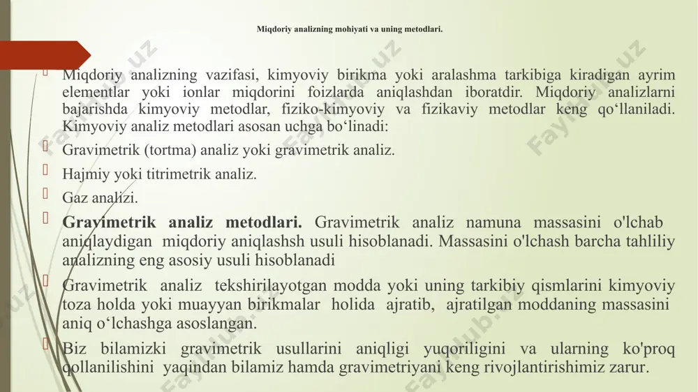 ning titrini aniqlashda boshlang’ich modda sifatida: naoh, na2b4o710h2o, na2co3, c2h5ona lar ishlatiladi. ishqorlarning titrini aniqlashda: hcl, h2c2o4 2h2o, qahrabo kislotasi, h2c4h4o6 ishlatiladi. permanganatometrik titrlash usulining ishlatilishi. permanganatometrik titrlash usuli zavodlarning analitik kimyo laboratoriyalarida, ilmiy tekshirish va o’quv laboratoriyalarida keng qo’llaniladigan oksidlanish-qaytarilish usullaridan biridir. permanganatometrik usul bilan turli xil organik va anorganik moddalarni aniqlash mumkin: masalan: qaytaruvchilar:. fe, bi, ag, cd, zn, sb, as, p, fe2+, cr2+, mn2+, sn2+, cu+, ti3+, cl-, br-, j-, s2-, so32- , s2o32-, scn-, cn-, no2-, aldegid, mochevina, askorbin kislota, polifenollar, shakar va hokazo. oksidlovchilar: fe3+, ge+4, v+5, mo+6, w+6, cr+6 , mno2, pbo2, no3-, bro3-, clo3-, jo3-, va hokazolar. permanganatometrik titrlash usulining afzalligi: 1) ekvivalent nuqtani kmno4ning ortiqcha 1 tomchisini tomizib eritmani pushti rangga kirishiga qarab bilish mumkin (to’g’ri titrlashda) 2) titrlashni kislotali yoki ishqoriy muhitda olib borish mumkin. 3) kmno4 oksidlanish - qaytarilish potensialining yuqori ( e = +1,51 v) bo’lganligi sababli kuchsiz oksidlovchilar …