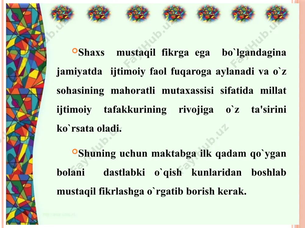 malarda ifodalash” mavzusini o`rganishda guruhlarda ishlaganda, guruhdagi bitta o`quvchi diagramma chizishi, boshqasi esa arifmetik hisob-kitoblarni amalga oshirishi, uchinchi ishtirokchi yechim bosqichlarini to`liq jumlalar bilan yozishi mumkin bo`ladi. o`quvchining najot istagiga qarshi turish. o`quvchi daftarini tekshirganda, undagi xatolarni to`g`rilab ko`rsatish kerak emas, matematikada ham, ona tilida ham, xato yozilgan so`zning tagiga chizib, o`quvchidan qayerda xato qilganini o`zi topishini talab qilish kerak. o`quvchi o`z xatosini o`zi topib to`g`rilaydi. bu esa o`quvchida o`z kuchiga ishonchni va mustaqil fikrlashni tarbiyalaydi. darslarda samarali natija beradigan metodlardan namunalar: qabul qilish "ha, yo`q “ha” yoki “yo`q” ". umumjahon texnikasi: yoshni ham, keksani ham o`ziga jalb qila oladi; o`quvchilarni faol holatga keltiradi. quyidagi umumiy o`quv faoliyati shakllanadi: har xil faktlarni bitta rasmga ulash qobiliyati; mavjud ma'lumotlarni tizimlashtirish qobiliyati; bir-birini tinglash va eshitish qobiliyati. o`quvchilar faqat “ha”, yoki “yo`q”, so`zlari bilan javob bera oladigan savollarga javob topishga harakat qiladilar. qo’llash usuli: yakka tartibda, juftliklarda hamda umumiy holda. yashil va …