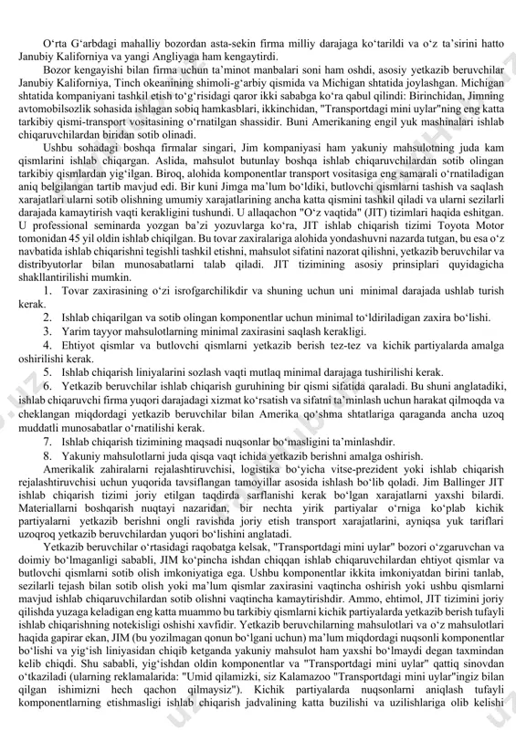 h uchun 1 soat kerak bo‘ladi, shuning uchun har bir mutaxassis haftasiga 30 ta tizimni tekshirishi mumkin. yuqorida aytilganlarning barchasi boshqa shaklda taqdim etilishi mumkin: · loyihalashtirilgan quvvat har bir mutaxassis uchun haftasiga 40 ta tekshiruv; · samarali quvvat har bir mutaxassis uchun haftasiga 30 ta tekshiruv. haftada 100 ta tekshiruvga bo‘lgan ehtiyojni qondirishning bir necha yo‘li mavjud. 1. oldingi rejimda bir smenada ishlash talab qilinadi 100 / 30 = 3,33 mutaxassis. agar tatu mutaxassislarni faqat to‘liq kunga yollasa, u 4 kishini qabul qilishi kerak. bunday holda, ularning har birining yuk koeffitsienti quyidagicha bo‘ladi 33,3 / 4 = 0,83 yoki 83%. 1. to‘liq kun uchun 3 mutaxassisni va 1 soatlik ish vaqtini yollang, ularning ish vaqti standart yukning uchdan bir qismini tashkil qiladi. bu 100% yuklash quvvatiga ega bo‘ladi. 13.3 dam olish kunlari qo‘shimcha ish vaqti, bu dam olish kunlari 10 ta sinovni o‘tkazishga tayyor bo‘lgan 3 ta to‘liq ishlaydigan …