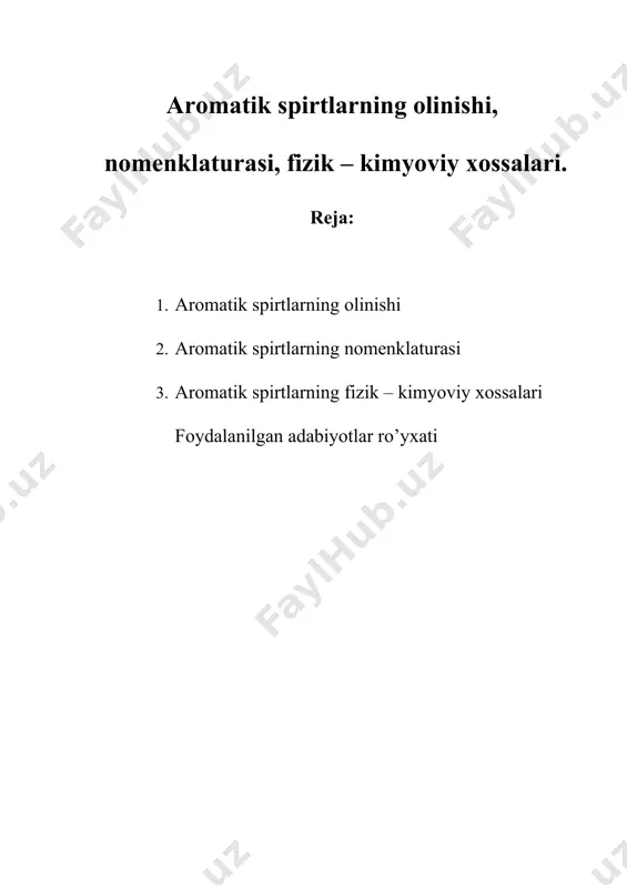 tabiatiga qarab metanol va boshqa to’yingan spirtlarning aralashmasi hosil bo’ladi: spirtlarning reaktsiyaga kirishish qobiliyati undagi o – n guruhi va alkil radikalining tabiati bilan belgilanadi. spirtlar kuchsiz kislotalidir: spirt сн3он сн3сн2он (сн3)2снон (сн3)3снон рк3 15,2 15,8 16,9 19,2 (suvdagi eritma uchun) eng kuchli kislota metanol hisoblanadi. spirtlar natriy metali bilan reaktsiyaga kirishib alkogolyatlarni hosil qiladi. m – n; 2c2h5oh + 2na → 2c2h5ona + h2 alkogolyatlar kuchli asoslar bo’lishi bilan bir qatorda kuchli nukleofil reagentlar hisoblanadi. ular oson alkillanadi (vilyamson reaktsiyasi) va atsillanadi. reaktsiya natijasida oddiy va murakkab efirlar hosil bo’ladi: alkogolyatlar ta‘sirida galogenalkanlardan galogenvodorodlar ajralib, etilen va atsetilen uglevodorodlar hosil bo’ladi: birlamchi spirtlar oksidlanib aldegidlarni, ikkilamchi spirtlar esa ketonlarni hosil qiladi. metanol yiliga 10 mln. tonnadan ortiq ishlab chiqariladi. u boshqa erituvchilarni (oddiy va murakkab efirlarni) sintez qilishda asosiy xom ashyo hisoblanadi. shuningdek, spirtlar (etanol) lebedev usuli bilan butadien olishda, atseton olishda (izopropil spirt), plastifikator (butanol – 1) olishda …