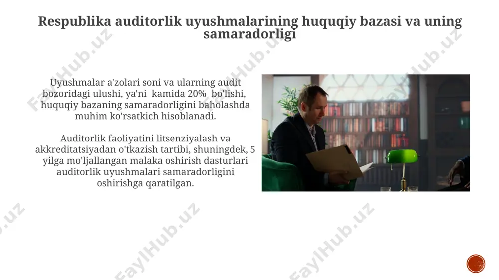 a, xalqaro standartlarga muvofiq, yangi 5 ta audit texnologiyalarini joriy etish bo'yicha strategiya ishlab chiqilsin. moliyaviy hisobotlarning shaffofligini ta'minlash uchun, kamida 3 ta yirik korxonada pilot loyiha sifatida xalqaro audit standartlari (isa) bo'yicha tekshiruvlarni o'tkazish tavsiya etiladi. respublika auditorlik uyushmalarining hamkorligi va xalqaro aloqalari xalqaro auditorlik tashkilotlari, masalan, ifac bilan hamkorlikda, malaka oshirish dasturlari va sertifikatlashtirish bo‘yicha 3 ta muhim shartnoma imzolanib, auditorlarning xalqaro standartlarga muvofiqlashuvini oshiradi. so‘nggi 5 yil ichida 20 dan ortiq xorijiy auditorlik kompaniyalari bilan o‘zaro tajriba almashish va texnologiya transferi bo‘yicha hamkorlik shartnomalari tuzildi, bu esa mahalliy auditorlarning professional kompetensiyasini yaxshilaydi. auditorlik faoliyatini takomillashtirishning dolzarb masalalari auditorlik tekshiruvlari sifatini yaxshilash va xatoliklar sonini 15% ga kamaytirish maqsadida xalqaro standartlarga mos keladigan yangi audit texnologiyalaridan foydalanish dolzarb masala hisoblanadi. kichik va o'rta biznes sub'ektlarini audit qilishda audit xarajatlarini kamaytirish va samaradorlikni 20% ga oshirish uchun soddalashtirilgan audit protseduralarini joriy etish zarurati mavjud. e'tiboringiz uchun rahmat @taqdimot_robot image4.jpg …