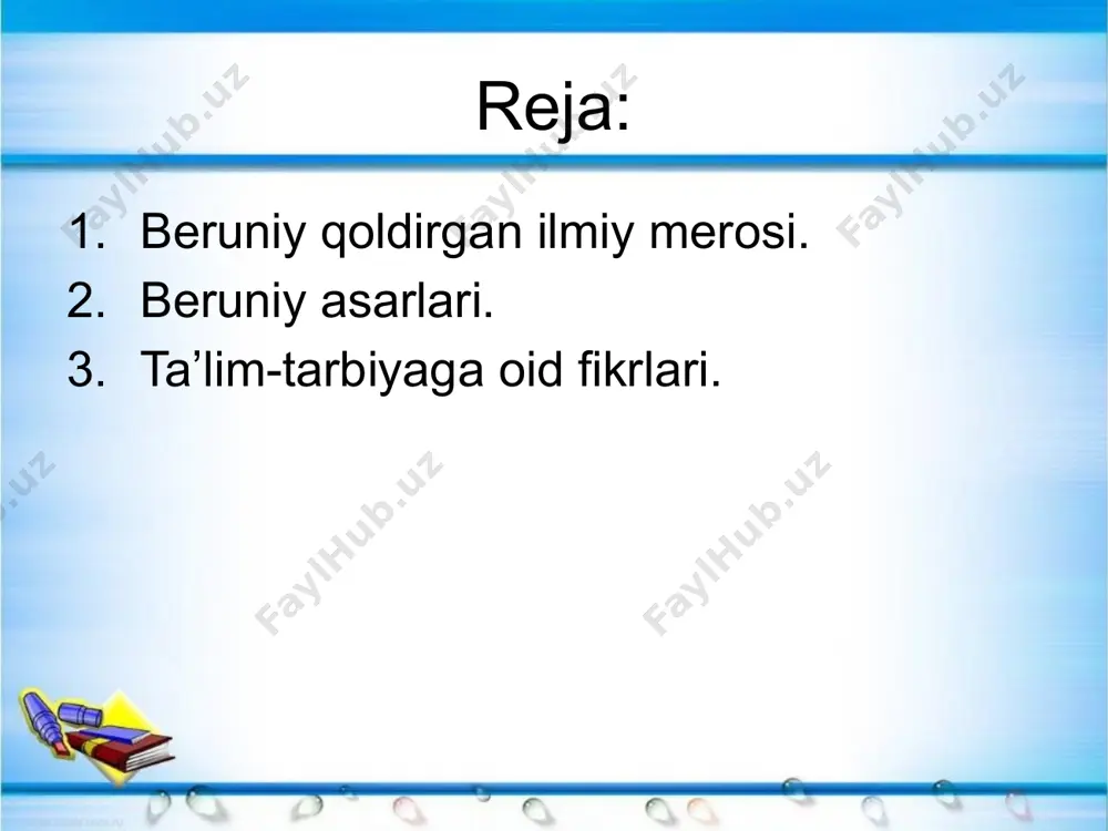 a urganchda «ma’mun akademiyasi» nomli ilmiy markaz tashkil etiladi va u yerda musulmon sharqining yirik olimlari faoliyat ko’rsatadi. beruniy bir necha yil kamyob metallar va qimmatbaho toshlar ustida kuzatishlar va tajribalar olib boradi va keyinchalik ana shu tadqiqotlari asosida «mineralogiya» asarini yaratadi. ma’mun akademiyasidagi ko’plab olimlar qatori beruniy ham g’aznaga olib ketiladi va u yerda ko’p qiyinchiliklar bilan o’z ijodini davom ettiradi. beruniy bu yerda o’zining «xorazmning mashhur kishilari», «tahdid nihoyot al-amokin li tashih masofot al – masokin», («turar joylar orasidagi masofani tekshirish uchun joylarning oxirgi chegaralarini aniqlash», ya’ni «giodeziya») asarini yaratdi. bu asarda geografiya va astronomiya fanlari bilan bir qatorda paleontologik kuzatishlar natijalari ham bayon qilingan. beruniy xorazm tili bilan birga so’g’diy, forsiy, suryoniy, yunon, qadimgi yahudiy tillarini, hatto qadimgi hind tili sanskritni ham o’gangan. u yunon klassik ilmi, astranomiya, geografiya, botanika, matematika, geologiya, tarix, entografiya, falsafa va filologiya- dan ham chuqur bilim oladi. beruniy astiranomiya, geografiya, geodoz- ning …