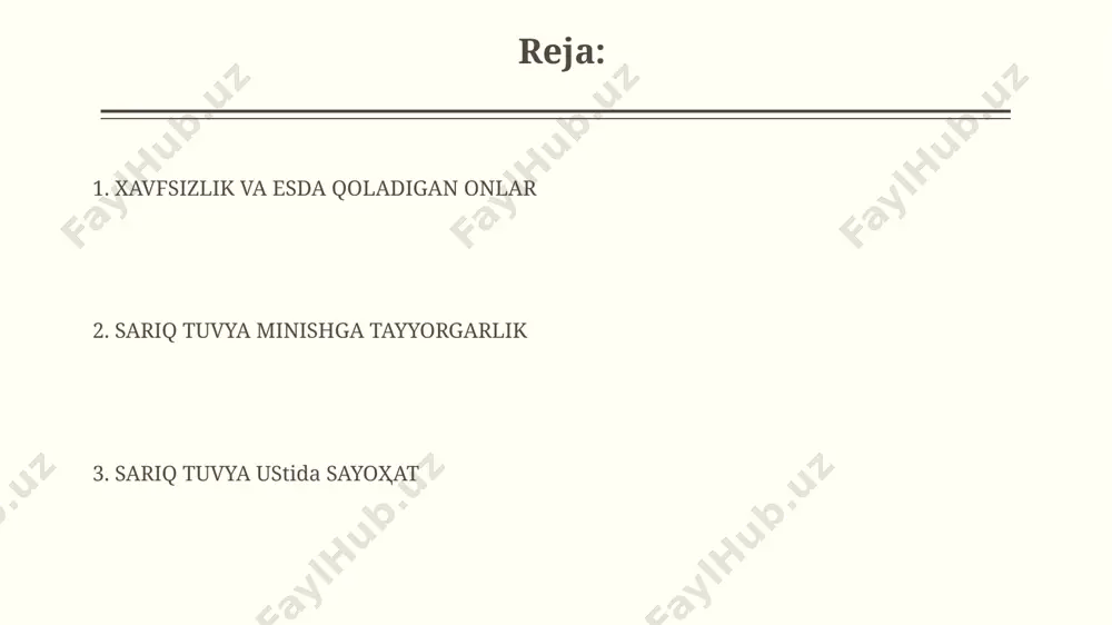 кўрсатмаларига қатъий риоя этиш, вақти-вақти билан туянинг ҳолатини текшириш зарур. xotiralar va taassurotlar сариқ туя минганимда 30 даража иссиқда қизилқум чўлларида 5 соатдан ортиқ йўл босдик, бу эса жудаям таъсирли тажриба бўлди. туянинг юмшоқ териси, баландлиги ва кучи ҳақидаги таассуротларимни 100 тадан ортиқ сурат ва видеолар билан ҳужжатлаштирдим, уларни кейинчалик эслаб юриш учун. muhim maslahatlar туянинг юриши тезлиги соатига 5-7 км бўлишини ҳисобга олиб, бухоро вилоятидаги саёҳат учун 2 кунлик йўл режасини тузинг. сариқ туя минганда, 30-40 даража иссиқда сув захирасини 5 литрдан кам бўлмаслигини, айниқса қизилқум чўлида, эсиздан чиқарманг. e'tiboringiz uchun rahmat @taqdimot_robot image2.jpg image3.jpg image4.jpg image5.jpg image6.jpg image7.jpg image8.jpg