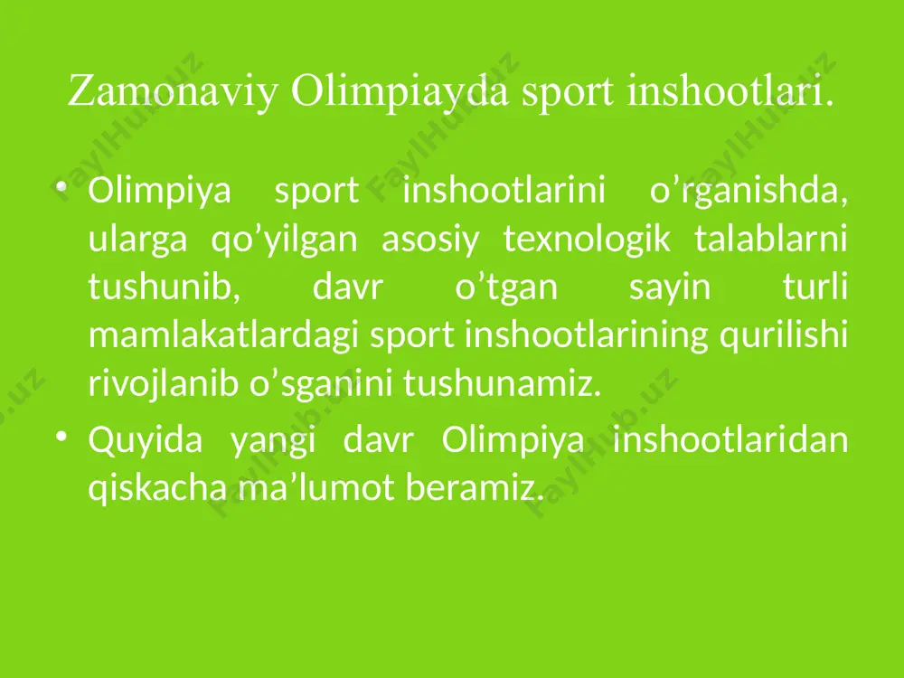 sh yo’lagi qurilgan, unda d.suens 100 m li masofani 10,2 sek yugurib o’tgan. berlin stadioni 90 ga (gektar) maydonni egallab, unda asosiy sport maydonidan tashqari ochik suzish xavzasi, gimnastika zallari, futbol maydoni va mashq qilish maydonlari bo’lgan. xii olimpida o’yinlari (1940 y.) finlyandiyaning xelsinki shaxrida bo’lishi kerak edi, ammo bo’lmagan. xiii olimpiada o’yinlari (1944 y.) angliyaning london shaxrida bo’lishi kerak edi. ikkinchi jaxon urushi sababli olimpiada o’tkazilmagan. xiv olimpiada oyinlari (1948 y.) angliyaning london shaxrida bo’lib o’tdi. olimpiada uchun aloxida stadion qurilmagan, sababi ikkinchi jaxon urushi mamlakatni iqtisodiyotini qiyin ahvolga olib kelgan edi xv olimpiada o’yinlari (1952 yil) finlyandiyaning xelsinki shaxrida bo’lgan. xelsinkidagi olimpiada stadioni 1940 yildan 1952 yilgacha qurilgan. asosiy sport maydonlari tribunasiga 60000 tomoshabin sig’gan. sport arenasida 105x70 m li futbol maydoni, 400 m li sopol qoplamali yugurish yo’lagi va yana ochik; suzish xavzasi, katta sport zali, shug’ullanish maydonlari, yengil atletika yadrolari bo’lgan. xvi olimpiada o’yinlari (1956 y.) …