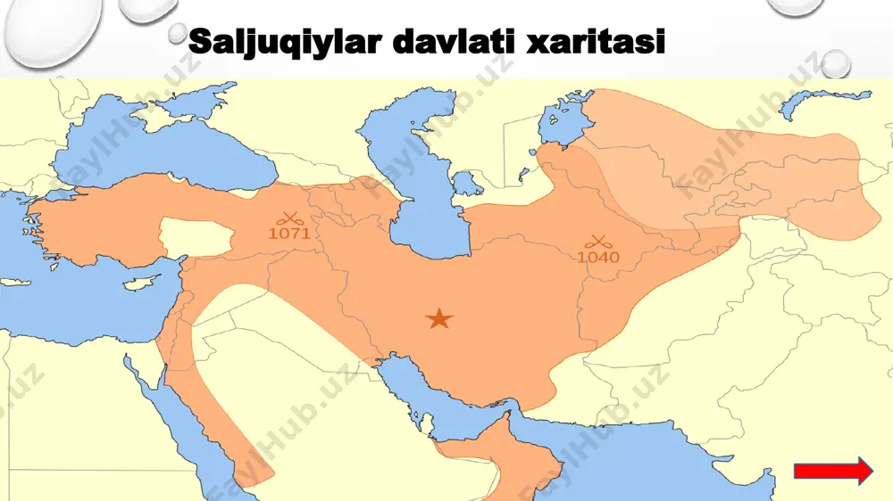 ar tomonidan qo'llab-quvvatlangan qoraxoniylar bilan ziddiyatga kirishdi. u 1025 yilda asirlikda bo'lgan va etti yildan keyin vafot etgan isroilni egallab olishga muvaffaq bo'ldi. ushbu voqea g'aznaviylar va saljuqiylar o'rtasidagi kurashning boshlanishini ko'rsatdi, uning boshlig'i buxoroda o'zini mustahkamlagan mikayl edi. katta fathlar mikayl vafotidan keyin hokimiyat uning o'g'illari - togrul va chagry-bekga meros bo'lib o'tdi, ularning birinchisi asosiy hisoblangan. ular va g'aznaviylar o'rtasidagi ziddiyat 1040 yilda dandakonning katta jangi bilan hal qilindi, unda saljuqiy turklar to'liq g'alabaga erishdilar. tinchlik o'rnatilgandan so'ng, ular g'aznaviylar tomonidan tortib olingan butun xurosonni o'z egalariga oldilar va tug'rul hozircha to'liq sulton deb atala boshladilar. saljuqiylar davlati tarixi keyingi yillarda saljuqiy turklar xorazmni va butun eronni zabt etdilar. 1055 yilda xalifalik poytaxti bog'dod shahri egallab olindi. ammo to‘g‘rul sodiq musulmon bo‘lib, xalifaga ma’naviy quvvatni qoldirdi va undan evaziga eng yuqori dunyoviy hokimiyat va sharq va g‘arb podshosi unvonini oldi. keyin saljuqiylar o'sha paytda vizantiyaga qarashli bo'lgan kavkaz …