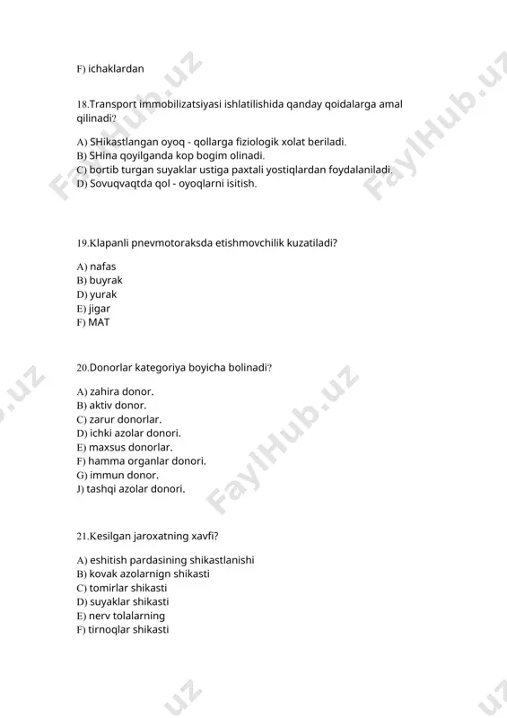? a) sterptokokk b) tilla rang stafilokokk c) protey d) epidermal stafilakokk e) ichak tayoqchasi 43.bosim ostida pulslanib alvon rangli qon ketishi kuzatiladi? a) kapillyarlardan qon ketganda b) venalardan qon ketganda c) arteriyalardan qon ketganda d) ichi bosh azolardan qon ketganda e) parenximatoz azolardan qonketganda 44.sinish nimaning tasirida kelib chiqadi? a) lateganda b) mushaklar qisqarishida c) chozilishda d) buralishda e) mexanik tasirda 45.mexanik antiseptikaga nimalar kiradi? a) yaraga birlamchi xirurgik ishlov berish b) yot jismlardan tozalash c) yarani boglash d) nekrotik toqimalarni olib tashlash e) yara chetiga yod surtish f) nurlash 46.qon ketishini toxtatish uchun ishlatiladigan 4 ta biologik vositani korsating? a) gemostatik gubka b) fibrin, trombin c) kalsiy xloridi d) ditsinon e) vikasol f) epsilon aminokapron kislotasi 47.xirurgik infeksiyali bemorlar umumiy qon analizidagi asosiy 3 ozgarishlari? a) leykotsitlar soni ortadi b) plazmatik qon xujayralarining paydo bolishi c) gemoglobinni kopayishi d) leykotsit soni kamayadi e) gematokrit kotarilishi f) echt tezlashadi …