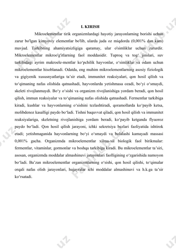 inuvi va h.k.ga taʼsir koʻrsatadi. i mikroelementlarning tabiatda tarqalishi. mikroelementlar tirik organizmlardagi hayotiy jarayonlarning borishi uchun zarur bo'lgan kimyoviy elementlar bo'lib, ularda juda oz miqdorda mavjud. tuproqda mikroelementlar kam yoki koʻp boʻlsa, oʻsimlik va hayvonlar organizmida mikroelementlar yetishmovchiligi yoki ortiqligi payqaladi. chorva mollarining mahsuldorligini oshirish uchun mol ozigʻiga mikroelementlar qoʻshib beriladi. oʻsimlik va hayvon mahsulotlaridan iborat oziq-ovqat odam organizmiga kiradigan mikroelementlarning asosiy manbaidir. ichiladigan suv odam organizmining yod, mis, rux, marganets, kobalt kabi mikroelementlarga boʻlgan sutkalik ehtiyojining faqat 1 — 10% ini taʼminlaydi. mikroelementlar organizmda bir xil tarqalmaydi. ularning biror organda koʻp toʻplanishi elementning fiziologik roli va shu organning oʻziga xos faoliyatiga bogʻliq (mas, jinsiy bezlarda zn koʻp toʻplanadi va ularning funksiyasiga taʼsir etadi); baʼzi hollarda mikroelementlarning organlar funksiyasiga taʼsir etishi toʻplanish joyiga bogʻliq boʻlmaydi. odam organizmida koʻpchilik mikroelementlar (al, ti, cl, pb, f, sr, ni) miqdori yoshga qarab orta boradi. oʻsish, rivojlanish davrida mikroelementlar miqsori tez ortib, 15—20 yoshga …