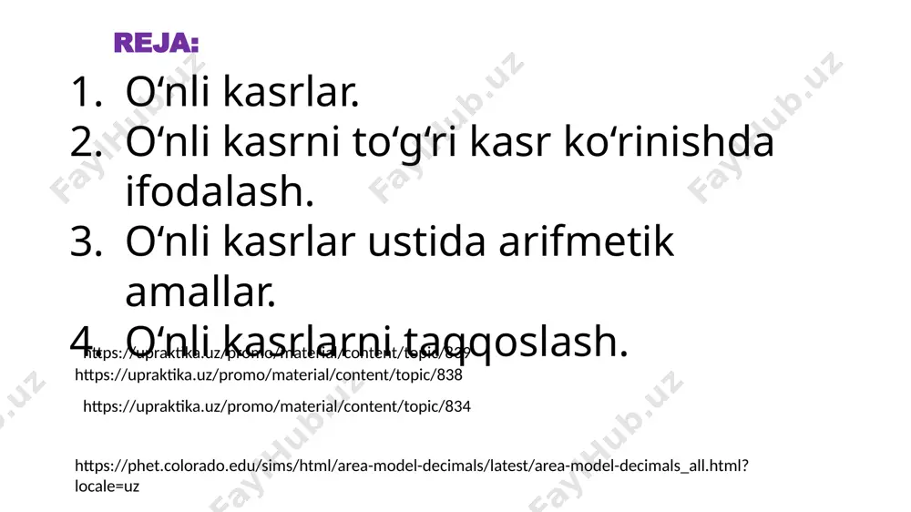 ni o'qish keling, o'nli kasrlarni o'qish qoidalari haqida bir necha so'z aytaylik. to'g'ri oddiy kasrlarga mos keladigan o'nlik kasrlar xuddi shu oddiy kasrlar kabi o'qiladi, faqat "nol butun son" qo'shiladi. masalan, 0,12 o'nlik kasr 12/100 oddiy kasrga to'g'ri keladi ("o'n ikki yuzdan" o'qing), shuning uchun 0,12 "nol nuqta o'n ikki yuzdan" deb o'qiladi. aralash raqamlarga mos keladigan o'nlik kasrlar bu aralash raqamlar bilan bir xil o'qiladi. masalan, 56.002 o'nlik kasr aralash songa to'g'ri keladi, shuning uchun 56.002 o'nli kasr "ellik olti nuqtadan ikki mingdan bir" deb o'qiladi. demak o’nli kasrlarni ,,ustun’’ usulida qo’shish amali natural sonlarni ,,ustun’’ usulida qo’shish kabi bajariladi. qo‘shish qonunlari. 1. qo’shishning o’rin almashtirish qonuni. o’nli kasrlarni qo’shishda qo’shiluvchilarning o’rni almashgani bilan yig’indi o’zgarmaydi. 2. qo’shishning guruhlash qonuni. qo’shishning guruhlash qonuni natural sonlar va oddiy kasrlarda bo’lgani kabi o’nli kasrlar uchun ham o’rinlidir. 3-misol. yig’indini hisoblang: 6,53+2,6+3,47. yechilishi. 1-usul. 6,53+2,6+3,47=(6,53+3,47)+2,6=10+2,6=12,6; 2-usul. 6,53+2,6+3,47=(6,53+2,6)+3,47=9,13+3,47=12,6; 3-usul. 6,53+2,6+3,47=6,53+(2,6+3,47)=6,53+6,07=12,6. ixtiyoriy a, b …