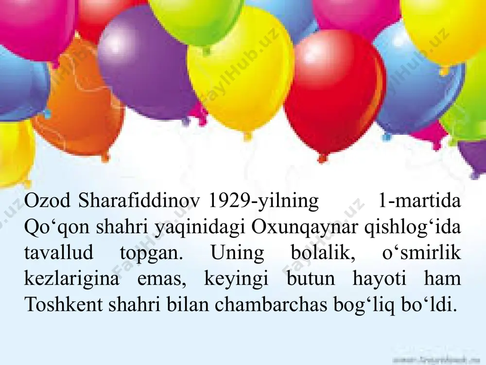 ashga ulgurdi! nuktadon tarjimon ozod sharafiddinov dunyo adabiyotining o‘nlab durdona asarlarini, shuningdek, l.tolstoyning «iqrornoma»; p.koeloning «alkimyogar»; a.savelaning «to‘xtating samolyotni, tushib qolaman» singari o‘nlab yirik asarlarini; yuzlab donishmandlarning ilmiy-falsafiy maqolalarini ona tilimizga mohirona tarjima qildi. e’tirof «o‘zbekiston qahramoni” (2002). «buyuk xizmatlari uchun» (1999) ordeni. «mehnat shuhrati» (1997) ordeni. tahsin “o‘ylaymanki, o‘zini o‘zbek xalqining farzandi degan har qaysi inson ana shunday fidoyi yurtdoshlarimiz bilan cheksiz faxrlanadi, unib-o‘sib kelayotgan bolalari, shogirdlariga ma’naviy jasorat timsoli sifatida aynan mana shunday odamlarni namuna qilib ko‘rsatadi. va hech shubhasiz, umr bo‘yi el-yurt manfaati, vatan istiqboli uchun kurashib yashaydigan shunday qahramon farzandlari bor xalq hech qachon kam bo‘lmaydi”. islom karimov, “yuksak ma’naviyat – yengilmas kuch” asari. shafqatsiz o`lim va so`nggi vasiyat shafqatsiz o‘lim ozod sharafiddinovni 2005-yil 4-oktabr kuni hayotdan olib ketdi. «kitoblarimni asranglar, mening eng katta boyligim mana shu kitoblar edi...» o‘lsam ayrilmasman quchoqlaringdan… vatan — ona so‘zi naqadar laziz, sensan har narsadan mo‘tabar, aziz, hurmatingni saqlar har …