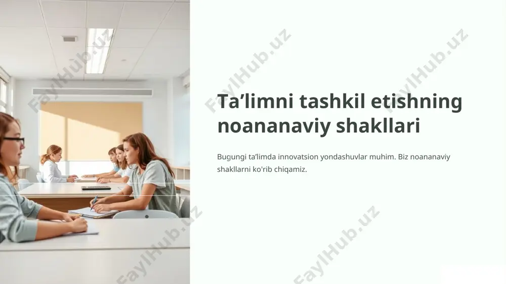 a’limning asosiy turlarini ta’riflab bering. 2. ta’limning individual shakli qanday? 3. sinf-dars tizimining afzalliklari nimalardan iborat? 4. zamonaviy darsga qanday talablar qо‘yiladi? 5. noan’anaviy darslar deganda nimani tushunasiz? 6. darsga tayyorgarlik qanday bosqichlarda kechadi? 12-ilova 3-ilova adabiyotlar: .karimov i.a. о‘zbekistonninng о‘z istiqlol va taraqqiyot yо‘li. – toshkent, о‘zbekiston, 1992. .karimov i.a. barkamol avlod – о‘zbekiston taraqqiyotining poydevori. – toshkent: sharq nashriyot-matbaa konserni, 1997. .о‘zrning “ta’lim tо‘g‘risida”gi qonuni // barkamol avlod – о‘zbekiston taraqqiyotining poydevori. – toshkent: sharq nashriyot-matbaa konserni, 1997. .forobiy, abu nasr. fozil odamlar shahri. – toshkent: xalq merosi nashriyoti, 1993. .pedagogika nazariyasi va tarixi. 1-qism. pedagogika nazariyasi / m.x.toxtaxodjayeva va boshqalar. prof. m.x.toxtaxodjayevaning umumiy tahriri ostida. – toshkent: “iqtisod-moliya”, 1996.