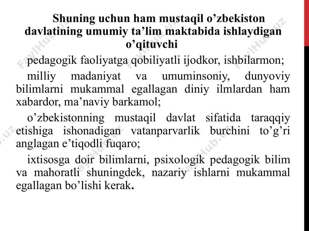 h uchun sharoitning yaratilishi va ish joyining jihozi. 4.o’qituvchida qay darajada bor bo’lgan ijobiy fazilatning mavjudligi; 1-yo’nalish. o`qituvchi kasbiga oidlari: a) o’qishiga, kasbiga oid chuqur bilimlarni egallash; b) davlat tomonidan qabul qilingan hujjatlar qonunlarini bilish; v) pedagogika, psixologiya va xususiy metodikani o’rganish; g) bolalar jamoasi va shaxsi haqidagi bilimlarni o’rganish; d) ilg’or tajribani o’rganish va o’z ishida tadbiq etish; e) o’z ustida ishlash va o’z-o’zini tarbiyalash. 2-yo’nalish. o’z mahorat elementlarini hosil ilish; a) o’z ishiga kerakli bo’lgan va pedagogik mahoratini oshirishdagi ko’nikma va malakalarni egallash; b) o’z kuchi va qobiliyatini to’g’ri ishlata olishi; v) o’z vaqtida kerakli va to’g’ri qaror qabul qilishi. 3-yo’nalish. a)ishning sharoiti va pedagogik jamoadagi ma’naviy holat; b)jamoadagi psixologik holat(xarakteri); g) insonparvarlik; v)ijodiy yondashuv;(topqirlik) d) rag’batlantirish; e) gngiena qoidalarigarioya qilish; k) kunni to’g’ri tashkil etish. 4- yo’nalish. o’qituvchini o’z mehnatini ilmiy asosda tashkil etishuchun unda ma’lum darajada peagogik fazilatlar bo’lishi kerak: a) kim bilan ishlayotganini aniq bilishiuchun …