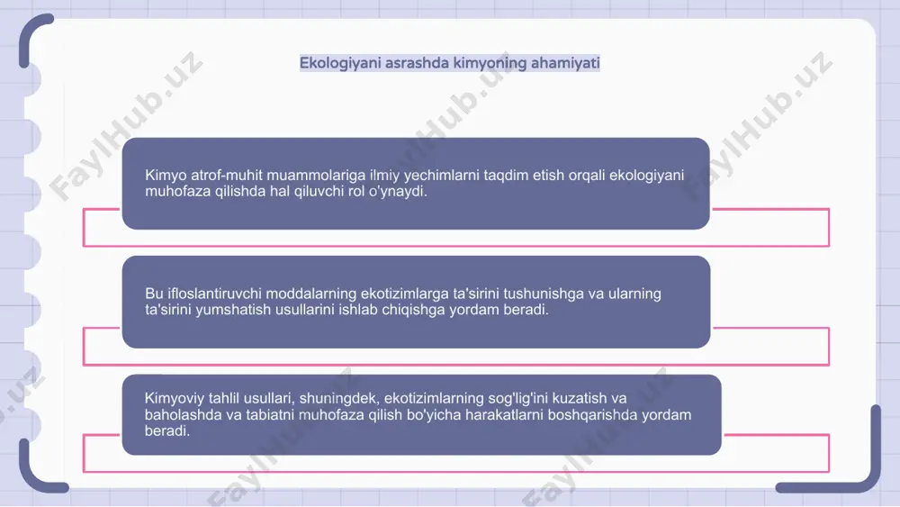muhiti o'rtasidagi o'zaro ta'sirlarni chuqurroq tushunishlari mumkin. keyinchalik bu bilimlardan ekologik tizimlarni himoya qilish va saqlashga yordam beradigan strategiyalar va yechimlarni ishlab chiqishda foydalanish mumkin. atrof-muhit ifloslanishini kamaytirish uchun kimyoviy strategiyalar atrof-muhit ifloslanishini yumshatishda ekologiyani muhofaza qilishda kimyoning roli juda muhimdir. kimyoviy strategiyalar zararli moddalarning atrof-muhitga kirib kelishining oldini olishda muhim rol o'ynaydi. ushbu strategiyalar ekologik toza va barqaror echimlarni ishlab chiqishni o'z ichiga oladi. biologik xilma-xillikni saqlashga kimyoviy yondashuvlar kimyo ekologiyani muhofaza qilish va biologik xilma-xillikni saqlashda hal qiluvchi rol o'ynaydi. kimyoviy yondashuvlar xavfsizroq va barqaror mahsulotlar va jarayonlarni yaratish uchun ishlatiladi. kimyo fani ifloslantiruvchi moddalarning ekotizimlarga ta'sirini tushunish va yumshatish uchun zarurdir. ekotizimlarni o'rganish va monitoring qilishning kimyoviy usullari kimyo ekotizimlarni o'rganish va monitoring qilish uchun turli xil kimyoviy usullarni taqdim etish orqali ekologiyani himoya qilishda hal qiluvchi rol o'ynaydi. bu usullar ifloslantiruvchi moddalarni aniqlash va ularning atrof-muhitga ta'sirini tushunish uchun havo, suv va tuproq namunalarini tahlil qilishni …
