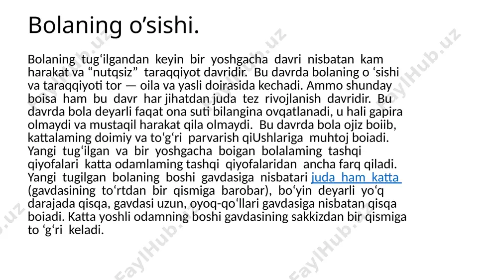 yachi bolalarning um um iy psixik taraqqiyotlari va psixologik sifatlarini turli faoliyatlar jarayonida o ‘rganib, ular haqida to ia maiumotlarga ega bo’la olmaydi. to’liq maiumotga ega b o iish uchun tarbiyachi bolaning uy sharoitida, hulq-atvori va xatti-harakatlariga doir m aium otlardan ham xabardor b o iish i shart. tarbiyachi har bir bolaning fei-atvori va xatti-harakatlariga doir kuzatgan faktlarni yozma ravishda qayd qilib borishi va har bir bolaga maktabga chiqish oldidan to’liq psixologik-pedagogik xarakteristika tuzishi lozim. go’daklik davrining psixologik xususiyatlari. go‘dak bolalar jismoniy bilan birga psixik jihatdan ham juda tez rivojlanadilar. chaqaloq bolalar psixikasining rivojlanishi, birinchidan, analizatorlaming takomillashuvi bilan bog‘liq bo‘lsa, ikkinchidan, mustaqil harakatlarining sishi bilan bog‘liqdir. analizatorlaming tez takomillashuvi natijasida bola uch oylik bo‘lgandan so‘ng unda dastlabki shartli reflekslar yuzaga kela boshlaydi. demak, ana shu davrdan boshlab bola psixikasi tez rivojlanish yo‘liga kiradi. yuqorida aytib o‘tganimizdek, dastawal bolada harakat analizatorlari bilan bogiiq, undan so‘ng eshitish va ko‘rish analizatorlari bilan bogiiq …