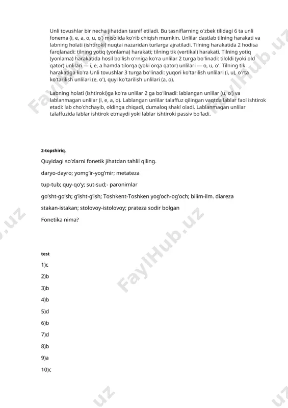 di va yoziladi. s.ning bu turi oʻzbek tilining ayrim shevalari (deyarli barcha qipchoq shevalari, oʻgʻuz shevalari, shim. oʻzbek shevalari)da hozirgi kungacha toʻliq saqlanib qolgan. lab garmoniyasida unlilar ham til oldilik va til orqalik, ham lablashish nuqtai nazaridan moslashadi. bunday moslashishni hozirgi qirgʻiz tilida uchratish mumkin: qollor, kbldor, brdbktbr kabi. lab garmoniyasi oʻzbek tilida deyarli uchramaydi. umuman, hozirgi oʻzbek adabiy tili s. kridalariga boʻysunmaydi. eski oʻzbek adabiy tilida esa s. qonuni ancha izchil va ayrim hollarda toʻligʻicha amal qilgan. unli va undosh tovushlar haqida gapiring. ogʻiz va bugʻiz bushligʻida hech qanday toʻsiqqa uchramay hosil boʻladigan, tarkibi ovozdan iborat (shovqin deyarli ishtirok etmaydigan) tovushlar. har bir til oʻziga xos unlilar tizimiga ega. tildagi unlilar tizimi vokalizm (lot. vocalis — unli tovush) deyiladi. unli tovushlar soni turli tillarda turlichadir. mas, hozirgi oʻzbek adabiy tilida unli tovushlar 6 ta bulsa, boshqa turkiy tillarda 8 ta, 10 ta va undan ham ortiqdir. bu miqdor rus …