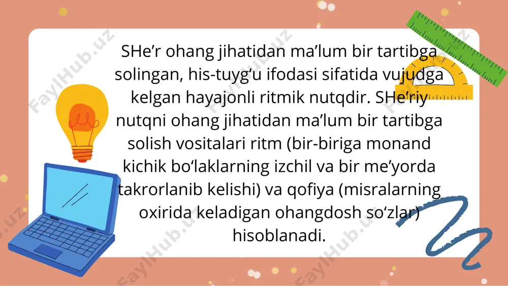 qanday ta’sir qilganini hisobga olish, bilish zarur. o‘qituvchi she’rni shunday ifodali o‘qishi kerakki, bolalar uning asosiy mazmunini anglasinlar, ularga jonli so‘z kuchliroq ta’sir etsin. e'tiboringiz uchun rahmat