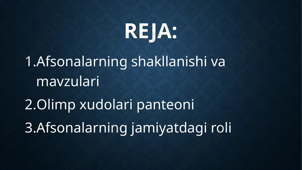 va leto farzandi, artemidaning egizagi hisoblanadi. delfidagi orakul ibodatxonasi unga bag‘ishlangan bo‘lib, qadimgi yunonlar orasida eng muhim bashorat manbasi sanalgan. u san’at va go‘zallik ilhomlantiruvchisi bo‘lgan. 5. artemida (ἄρτεμις) lavozimi: ov, yovvoyi tabiat va bokiralik ilohasi. vakolati: ovchilarning homiysi, ayollar, bolalar va tabiat muhofazachisi. timsoli: kamon, o‘q-yoy, kiyik. tavsifi: apollonning egizagi. bokira va mustaqil iloh sifatida tasvirlanadi. artemida tabiat va hayvonot dunyosi bilan uyg‘unlikda yashovchi, ayollarning homiysi hisoblanadi. 6. ares (ἄρης) lavozimi: urush xudosi. vakolati: jang, qasos, qon to‘kilish va g‘azab. timsoli: qilich, qalqon, jangovar kiyim. tavsifi: ares urushning qattiqqo‘l va yovvoyi jihatini timsol qiladi. u shafqatsizlik va zo‘ravonlik ramzi bo‘lib, yunonlar orasida ko‘p ma’qullanmagan. shunga qaramay, u urushchilar orasida muqaddas xislatlar timsoli hisoblangan. 7. afrodita (ἀφροδίτη) lavozimi: go‘zallik, muhabbat va joziba ilohasi. vakolati: sevgi, shahvoniylik, estetik go‘zallik, mehr. timsoli: qobiq (mollusk), gul, gulqand, oqqush. tavsifi: dengiz ko‘piklaridan tug‘ilgan deb hisoblanadi. afrodita go‘zallik ilohasi bo‘lib, o‘zining sehrli jozibasi bilan xudolar …