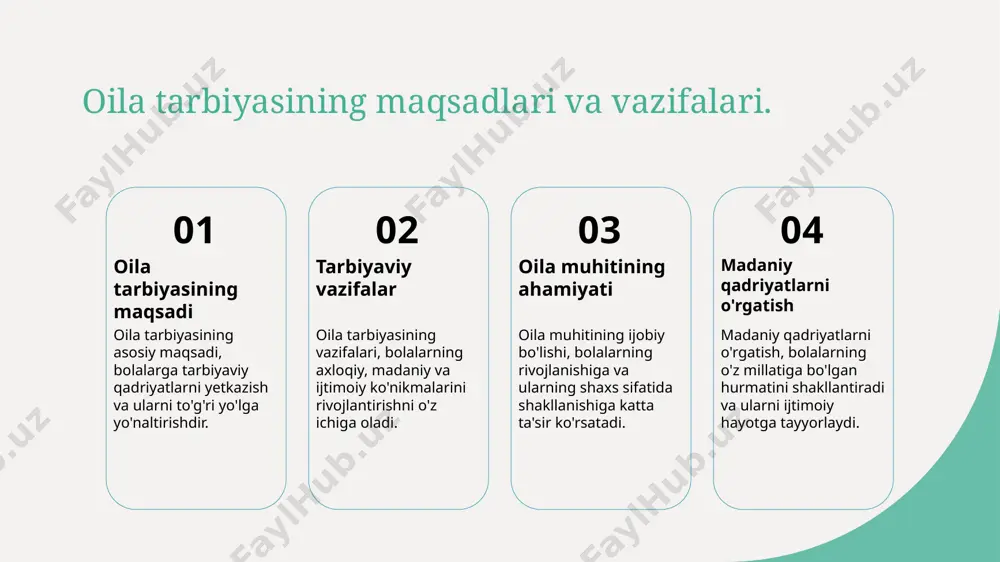 bolalarning xarakteri, axloqi va ijtimoiy ko'nikmalarini rivojlantirishda asosiy o'rin tutadi. 2 tarbiyalashning samaradorligi - turli tarbiyalash usullari, masalan, muloqot va o'yinlar, bolalarni o'z fikrlarini ifoda etishga va muammolarni hal qilishga o'rgatadi. 3 an'anaviy va zamonaviy usullar - an'anaviy usullar, masalan, hikoyalar va oilaviy an'analarga asoslangan tarbiya, zamonaviy bilimlar bilan birlashganda bolalarning yanada keng qamrovli rivojlanishiga yordam beradi. tarbiyaviy muhitni yaratish: oila roli. 01 tarbiyaviy muhit tarbiyaviy muhit oila ichidagi ijtimoiy, hissiy va intellektual muhitni anglatadi. bu muhit tarbiya jarayonining muvaffaqiyatini belgilaydi. 02 oila roli oila, farzandlar uchun dastlabki tarbiya manbai sifatida, muhim qadriyatlar va an'alarni o'rgatadi. oila qiyofasi bolalar uchun namuna bo'ladi. 03 ijtimoiy ko'nikmalar oila muhitida bolalar ijtimoiy ko'nikmalarni rivojlantiradi. muloqot va hamkorlik orqali ular qobiliyatlarini oshiradi va jamiyatda muvaffaqiyatli bo'ladi. 04 hissiy rivojlanish oila, bolalarning hissiy rivojlanishini ta'minlaydi. o'zaro munosabatlar, sevgi va qo'llab-quvvatlash, mustahkam hissiy salomatlikni ta'minlaydi. oila ichidagi muloqot va tarbiya usullari. oila ichidagi muloqot tarbiyaviy usullar …