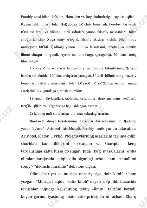 obi”), 5 ta mustaqil katta asardan iborat “kitob al-qonun fit-tib” asarlaridir. ilmiy asarlardan tashqari, chuqur falsafiy mazmunli badiiy obrazlar va ma`lum voqealar orqali ifoda etuvchi “tayr qissasi”, “salomon va ibsol”, “hayy ibn yaqzon” kabi falsafiy qissalar yaratdi. ibn sino zamonasining yetuk shoiri ham bo`lgan. u sharq, xususan, fors poeziyasida ruboiy janrining asoschilaridan biri bo`lib, ruboiylari o`zida chuqur falsafiy xulosalarni ifodalaydi. ibn sino arabcha qit`alar ham yozgan. olim tabobat masalalarini ommabop holda nazm bilan izohlovchi “urjuza” nomli tibbiy asar yaratgan. ibn sino asarlari yevropada tarjima qilina boshlandi. jahon olimlari ibn sino asarlari, uning faoliyati to`g`risida ko`pdan beri ilmiy tadqiqotlar olib boradilar. hozirda jahondagi deyarli barcha tillarda ibn sino haqida asarlar yaratilgan. bu davrda faqat dunyoviy bilimlar emas, balki islom ilmlari ham taraqqiy etdi. ismoil al-buxoriy, at-termuziy, moturidiy, marg`inoniy, kosoniy kabi allomalar bu sohada mashhur bo`ldilar. umuman, bu davrda islom musulmon sharqida nafaqat din sifatida, balki yaxlit madaniyat, ma`naviyatning shakillanishida muhim ahamiyatga …