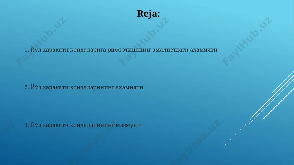 еклашлари ва йўл чизиқларига оид белгиларни тўлиқ тушуниш талаб этилади. автомобильда ҳаракатланишда спидометр ва бошқа асбоблардан фойдаланиш, шунингдек, йўлнинг техник ҳолати ва об-ҳаво шароитига мос равишда тезликни танлаш муҳимдир. пиёдалар учун қоидалар йўлни кесиб ўтишдан олдин, транспорт воситаларининг ҳаракатини диққат билан кузатиш ва йўлни хавфсизлигини таъминлаш лозим. йўлни кесиб ўтиш учун йўл белгилари ва светофорлар кўрсатмаларига риоя қилиш зарур. пиёдалар йўл ўтказгичларидан фойдаланишлари шарт, агар улар яқинда бўлса. 150 метрдан ортиқ масофада йўл ўтказгич бўлмаса, йўлни эҳтиёткорлик билан кесиб ўтишга рухсат берилади. йўл белгилари ва чизиқлари йўл белгиларининг 150 дан ортиқ тури мавжуд бўлиб, уларнинг ҳар бири тезлик чекланиши, йўналиш, ўтиш ва бошқа муҳим маълумотларни кўрсатади. йўл чизиқлари (тизилиш чизиқлари, тўхталиш чизиқлари каби) йўлнинг тузилишини белгилаб, хавфсиз ҳаракатланишга ёрдам беради, уларнинг ранги ва тури турлича маъноларни англатади. e'tiboringiz uchun rahmat @taqdimot_robot image1.jpg image2.jpg image3.jpg image4.jpg image5.jpg image6.jpg image7.jpg