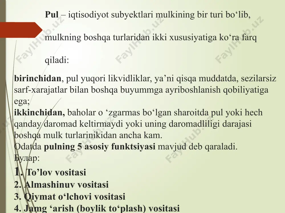 n zarur bo‘lgan pul miqdori ishlab chiqarilayotgan tovarlar va xizmatlar miqdori va ularning bahosi o‘zgarishlariga, boshqacha aytganda, nominal yaim o‘zgarishiga bog‘liq. muomaladagi pul massasining o‘zgarishi, klassik nazariyaga ko‘ra, y sekin o‘zgarishi tufayli asosan baholar darajasiga ta‘sir ko‘rsatadi. bu holat “pulning neytralligi” nomini olgan. monetaristlar qoidasiga ko‘ra hukumat pul massasining o‘sish sur‘atini, real yammning o‘rtacha o‘sish sur‘ati darajasida ta‘minlab tursalar iqtisodiyotda baholar darajasi barqaror bo‘ladi. fisher tenglamasidan tashqari bu tenglamaning boshqa bir shakli kembrij tenglamasidan ham keng foydalaniladi:: m=k*py bu yerda: k= 1/v – pulning aylanish tezligiga teskari miqdor. k - koeffisiyentni nominal pul miqdori (m)ning daromadlar (p·y)dagi ulushini ko‘rsatadi. kembrij tenglamasi turli darajada daromadli bo‘lgan turlicha moliyaviy aktivlar mavjudligini va daromadni ularning qaysi biri ko‘rinishida saqlashni tanlash imkoniyati mavjudligini ko‘zda tutadi. pulga real talab quyidagi ko‗rinishda hisoblanadi:: (m/p) = ky bu yerda: m/p – “real pul qoldig‘i”, “pul mablag‘larining real zahirasi” deb nomlanadi. pulga talabning keyns nazariyasi, likvidlilikning afzalligi nazariyasi, …