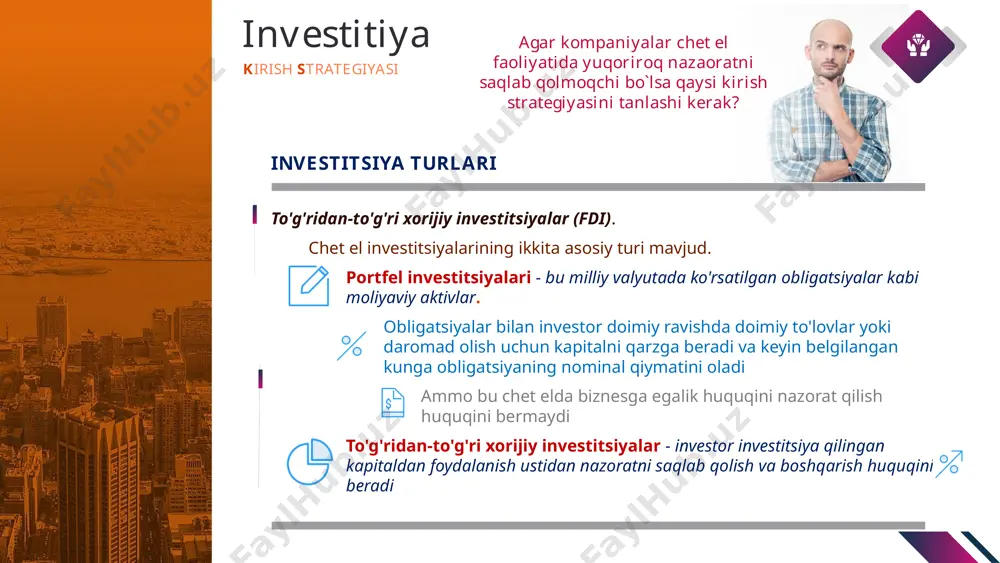 shell kompaniyasining chuqur slanets konlaridan qazib olinadigan yoqilg'ini qazib olishning ilg'or texnologiyalari to'g'risida bilimlarga ega bo'lmoqda. texnologik va boshqaruv nou-xaulari - firma asosiy sanoat klasterida ishtirok etish orqali foyda ko'rishi mumkin. samaradorlik izlash motivi agar kompaniyalar chet el faoliyatida yuqoriroq nazaoratni saqlab qolmoqchi bo`lsa qaysi kirish strategiyasini tanlashi kerak? investitsiya kirish strategiyasi xalqaro ekspansiya firma miqyosining tejamkorligini ta'minlashga imkon beradi. xalqaro ekspansiya firma sotuvlarini ko'paytirish va ko'plab mahsulot va bozorlarda kompaniya aktivlarini ishlatishga imkon beradi. ishlab chiqarish jarayoniga arzon ishchi kuchi va boshqa arzon ma'lumotlardan foydalanish orqali manbalar va ishlab chiqarish xarajatlarini kamaytiring. ushbu turtki xorijiy firmalar tomonidan katta miqdordagi investitsiyalarni xitoy, meksika, sharqiy evropa va hindistondagi fabrikalarda va xizmat ko'rsatuvchi korxonalarda joylashtirishni keltirib chiqaradi. mijozlar yaqinida ishlab chiqarishni joylashtiring - mijozlar ehtiyojiga ayniqsa sezgir bo'lishi kerak bo'lgan yoki ta'mi tez o'zgarib turadigan sohalarda, kompaniyalar ko'pincha muhim mijozlar yonida fabrikalarni yoki yig'ish operatsiyalarini joylashtiradilar. h&m va zara kiyim-kechak ishlab chiqarishning …