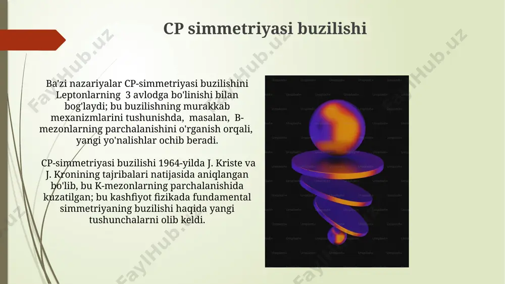 avsiflanadi va bu jarayonning ahamiyati 10 19 gev energiyaga teng boʻlgan katta miqyosli hodisalarni oʻrganishda muhimdir. antimoddani aniqlash usullari antiprotonlarning magnit maydonidagi harakatini o'lchash orqali, ularning zaryadining teskarisidan foydalanib, 200 gev energiyali protonlarni detektorlar yordamida fermilabda aniqlash mumkin. antimodda parchalanish mahsulotlarini, masalan, pozitronlar va antiprotonlarni, ularning o'ziga xos energiya imzolari va yo'q qilish hodisalari orqali, 5 gev energiyali to'qnashuvlardan keyin, desy (germaniya)da aniqlash mumkin. modda va antimoddaning xossalari modda va antimodda bir-biriga mutlaqo qarama-qarshi zaryadga ega bo'lib, ularning to'qnashuvi 100% samaradorlik bilan energiyaga aylanishi mumkin, bu esa e=mc² formulasi bilan tasdiqlanadi va 1932-yilda kaliforniya shtatida kashf etilgan pozitron bu jarayonning yaqqol misolidir. antiproton kabi antimodda zarralarining mavjudligi 1955-yilda kaliforniya shtatidagi berkli laboratoriyasida tasdiqlangan va ularning massalari mos keladigan modda zarralarining massalariga teng, ammo zaryadlari teskari bo'ladi. e'tiboringiz uchun rahmat @taqdimot_robot image1.jpg image2.jpg image3.jpg image4.jpg image5.jpg image6.jpg image7.jpg image8.jpg image9.jpg image10.jpg