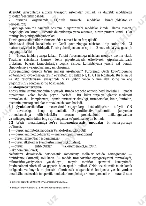 i, fibrilyatsiya) unda 1 mekvg’kgg’s gacha infuziya tezligini oshirish mumkin. giponatriemiya klinik simptomlari? korrektsiya? natriyniig kamayishi giponatriemiya deyiladi. agar klinik simptomlari boshlansa, korrektsiya qilinadi. u turlicha bo’lishi 3 disorders of the renal and urologic systems kevin e. c. meyers netter’s pediatrics 2011 mumkin: oshqozon — ichak buzilishidan tortib, to ruxiy status buzilishi, talvasa va komagacha bo’lishi mumkin. bu bemorlarga 3%gipertonik eritma yuboriladi.1 ml eritma yuborganda na qontsentratsiyasi 1 mekvg’l ga oshadi. 2.antibiotikoterapiya boshlanishdan 1.5 — 2 oy infektsiya o’choqlari paydo bo’lsa, surunkali tonzillitda operativ sanatsiya o’tkaziladi. uzoq muddat steroid terapiya o’tkazilishi antimikrob ximoya ishlatishga sabab bo’ladi. ammo bu asoratlar ichida disbakterioz 1chi o’rinda turadi. bunda ichak mikroflorasini saklash uchun kolibakteriya, laktobakteriya, bifidumbakteriya, bifikol kabi preparatlar ichiriladi. antibakterial preparatlar ichida gnni davolash uchun nefrotik ta’sirga egalari (monomitsin, kanamitsin) qo’llanilmaydi. bolada tonzilloektomiya operatsiyasini to’tri bajarish uchun operatsiya o’z vaktida belgilanishi va 10 kun davomida( operatsiyadan so’ng) antibiotik va antigistamin preparatlari qo’llanishi kerak. …