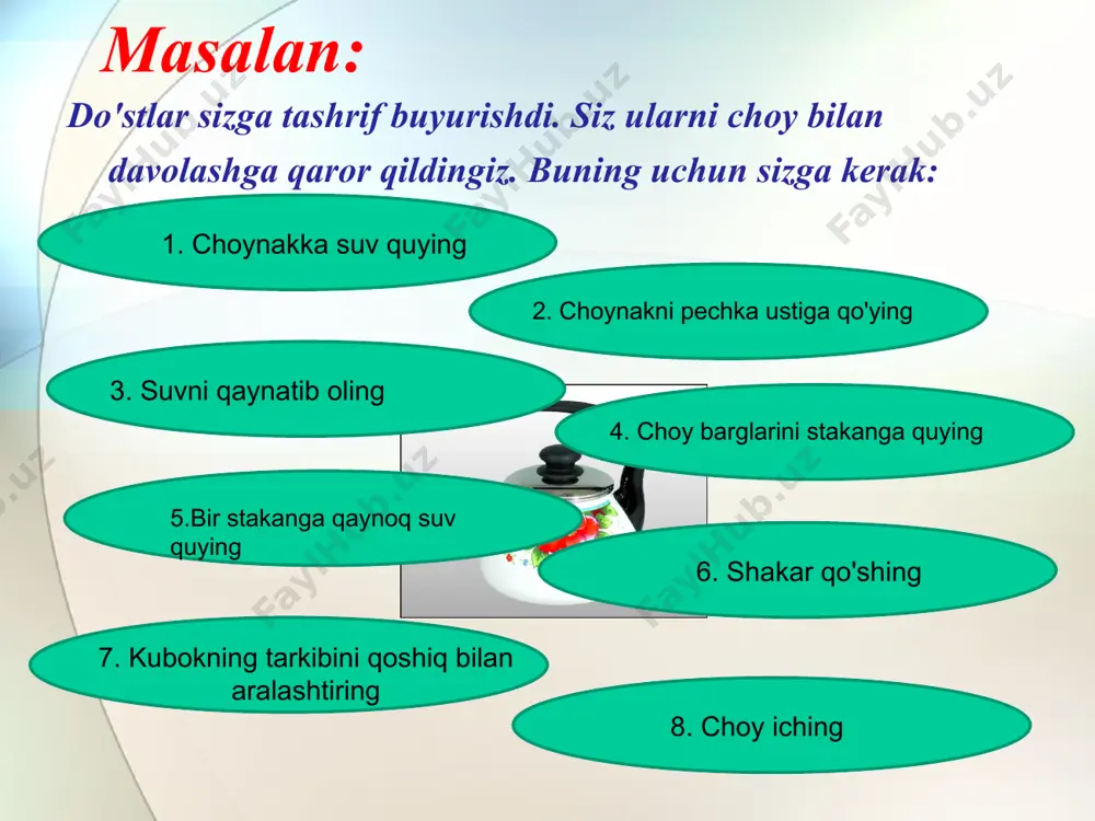 ing 8 qatorga 8 marta kvadrat kiriting doskani bo'yash uchun to'ldirish vositasidan foydalaning olingan chizmani yechim sifatida o'qituvchiga elektron tashuvchida olib kelishingiz va baho olishingiz mumkin. 1. sizga ma'lum bo'lgan algoritmlarni yozish shakllarini sanab o'ting. 2. blok sxemada qanday geometrik shakllardan foydalaniladi? 3. qanday algoritmlar chiziqli deb ataladi? 4. chiziqli algoritmga misol keltiring. umumlashtirish dars xulosasi : algoritm - bu muammoni hal qilishda dastlabki ma'lumotlardan kerakli natijaga olib boradigan yakuniy bosqichlar ketma-ketligi. algoritmlar odamlar va barcha turdagi texnik qurilmalar tomonidan bajariladi. buyruqlar yozilgan tartibda, ya'ni ketma-ket bajariladigan algoritm chiziqli deyiladi. uy vazifasi: § 3.4, o'qing r.t. 26-28-son 96-97-bet image2.jpeg image3.wmf image4.jpeg image5.png image6.gif image7.png image8.wmf image9.wmf image10.wmf image11.wmf image12.gif image13.wmf image14.jpeg image15.png image16.wmf image17.png image18.png image19.jpeg image20.png image1.jpeg
