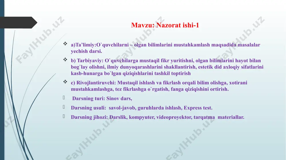iladi. 9 masofani formulasi quyidagilardan qaysi biri to’g’ri ko’rsatilgan. a) s=v∙t c) s= b) s= d) s=v∙a 10 avtomobil 25m yo’lni 2s da bosib o’tgan bo’lsa uning tezligini toping. a) 50m/s c) 12.5m/s b) 5m/s d) 10m/s 11 tezlanishni formulasi quyidagilardan qaysi biri to’g’ri ko’rsatilgan. a)a=v-v0/t b)a=at2/2 c)a=v∙t d)s=v∙t 12 harakat nisbiyligi deb nimaga aytiladi. a)barcha jismlar doimo harakatda bo’ladi. b)barcha jismlar doimo tinch turadi. c)jismlarning tinch turishi ham harakatlanishiga. d)jismlarning notekis harakatlanishiga. 13 quyidagilardan qaysi biri tezlanishni birligi. a)a= b)a= c)a=v/t2 d)a=v2/t 14 avtomobil 4s davomida o’z tezligi 20m/s ga oshirdi.avtomobilning tezlanishini toping. a)5m/s b)15m/s c)25m/s d)80m/s. 15 108 km/soat ni m/s ga o’tkazing. a) 10 m/s b) 20m/s c) 30 m/s d) 40m/s uyga vazifa o’tilgan mavzularni takrorlash. test tuzib kelish image1.png image2.png image3.png image4.png /docprops/thumbnail.jpeg
