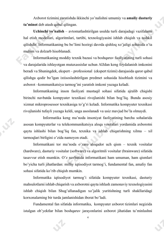 ish mumkin. informatika iqtisodiyot tarmog’i sifatida kompyuter texnikasi, dasturiy mahsulotlarni ishlab chiqarish va axborotni qayta ishlash zamonaviy texnologiyasini ishlab chiqish bilan shug’ullanadigan xo’jalik yuritishning turli shakllaridagi korxonalarning bir turda jamlanishidan iborat bo’ladi. fundamental fan sifatida informatika, kompyuter axborot tizimlari negizida istalgan ob’yektlar bilan boshqaruv jarayonlarini axborot jihatidan ta’minlashni barpo etish metodologiyasini ishlab chiqish bilan, amaliy fan sohasi sifatida esa quyidagilar bilan shug’ullanadi: a) axborot jarayonlaridagi qonuniyatlarni o’rganish (axborotlarni yig’ish, qayta ishlash, tarqatish); b) inson faoliyatining turli sohalarida kommunikatsion – axborot modellarini yaratish; v) aniq bir sohalarda axborot tizimi va texnologiyalarini ishlab chiqish va ularning hayotiy bosqichini, ularni ishlab chiqish, ishlashni va hokazolarni loyihalash, ishlab chiqish bosqichlari uchun tavsiyalar tayyorlash. kompyuter texnikasi va informatsion texnologiyaning keng rivojlanishi jamiyatning rivojlanishiga turtki bo’lib, u turli informatsiyalarni qo’llash asosida axborotlashgan jamiyat nomini oldi. axborotlashgan jamiyat aqliy mehnatni oshiradi. turli tizimlar, kompyuter texnikasi, kompyuter tarmoqlari informatsion texnologiya, telekommunikatsiya aloqasi, axborotlashgan jamiyatning moddiy va texnologik bazasi …