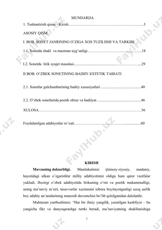 landilar, uning ommalashuviga katta hissa qo’shdilar. keyinchalik, xiv asrga kelib angliyada sonetga qiziqish kuchaydi, ingliz adiblaridan daniel barns, persi, spinser, shekspirlar sonet janri taraqqiyotini o’z asarlari bilan ta’minladilar. bu janr o’zbek she’riyatiga xx asrning birinchi choragida kirib keldi va ommalasha boshladi. ilk sonet namunalari cho’lpon, usmon nosir, maqsud shayxzodalar ijodida uchraydi. keyinchalik barot boyqobilov, rauf parfi, abdulla sher, mirpo’lat mirzo, faxriyor kabi shoirlar janr imkoniyatlaridan unumli foydalangan holda, uning poetik go’zalligidan o’zbek kitobxonlarini bahramand etdilar. o’zbek sonetnavislari ijodini o’rganishga ehtiyoj sonetning taraqqiyot tadrijini, takomil xusususiyatlarini ko’rsatib berish zarurati tufayli yuzaga kelgan. o’zbek she’riyatida bu jarayonni asosan xx asrning ikkinchi yarmida ijod qilgan b.boyqobilov, r.parfi, a.sher, m.mirzo, faxriyor sonetlari tadqiqi orqali kuzatish maqsadga muvofiqdir. xususan sonet janrining ham shaklan, ham mazmunan boyitgan ijodkorlardan biri b.boyqobilovdir. uning 400 dan ortiq sonetlari 2ta sonetlar turkumini tashkil etgan dostonlari ushbu janrning o’zbek adabiyotidagi takomil jarayonini kuzatishga asos bo’ladi. xx asr o’zbek modern adabiyotini yetuk …