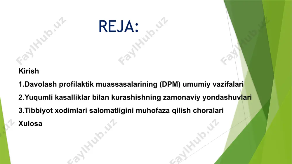 zmatlarini o‘z ichiga oluvchi tizim elementlari bo‘lib, ularning faoliyati profilaktika va terapevtik xizmatlarni uyg‘unlashtirishga qaratilgan. 1.2. maqsadlar aholining umumiy sog‘lik darajasini barqaror oshirish. yuqumli va surunkali kasalliklarni erta aniqlash va samarali davolash orqali kasallanish va o‘lim holatlarini kamaytirish. emflash, sanitariya-higiyena va profilaktik tadbirlar orqali epidemiologik barqarorlikni taʼminlash. tibbiyot xodimlari va bemorlarning sog‘ligini himoya qilish, sog‘lom yashash tarzini ommalashtirish. asosiy funksional vazifalar diagnostika va davolash bemorlarga tezkor va aniq tashxis qo‘yish (laboratoriya, instrumental diagnostika imkoniyatlarini ishga solish). ambulator va zarur hollarda statsionar davolashni tashkil etish hamda ixtisoslashtirilgan muassasalarga yo‘llash. surunkali kasalliklarni profilaktik nazorat qilish (monitoring, qayta ko‘riklar). profilaktika va emlash ishlari milliy emlash kalendarini mahalliy sharoitda amalga oshirish; emlash qoplanishini nazorat qilish. periodik vaksina kampaniyalari, revaksinatsiya va yuqori xavf guruhlarini aniqlash. primar profilaktika (risk omillarini bartaraf etish), ikkilamchi profilaktika (skrining va erta davolash), uchlamchi profilaktika (rehabilitatsiya)ni amalga oshirish. tashkiliy-ijtimoiy va boshqaruv funksiyalarirejalashtirish va moliyalashtirish — dpmning xizmat turlarini aniqlash, byudjetni shakllantirish …