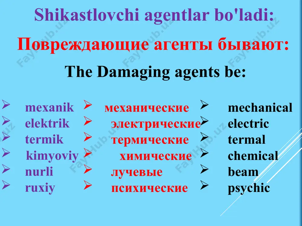 type 6. the complex trauma - if they are damaged different tissues 7. bir xil travma – shikastlanish sababi bitta bo'lgan shikastlanish 8. kombinatsiyalashgan – shikastlanish sabablari bir necha xil bo'lsa (masalan mexanik va termik shikastlanish bir vaqtda bo'lsa) 7. однородная травма - вызывается одним фактором 8. комбинированная - вызывается несколькими факторами (например механическая травма совместно с термической) 7. the uniform trauma - is caused one faktor. 8. multifunction - is caused several factors (for instance mechanical trauma with termal) mexanik shikastlanish механическая травма mechanical trauma elektrdan shikastlanish электрическая травма the electric trauma termik shikastlanish термическая травма the termal trauma kimyoviy shikastlanish химическая травма the chemical trauma nurlardan shikastlanish лучевая травма the beam trauma ochiq,operatsion shikast открытая, операционная травма openning, operating trauma qo'shma shikastlanish – bir vaqtni o'zida bir necha tizimlarni shikastlanishi (masalan, bosh miya chayqalishi, suyaklarni sinishi va bo'g'imlarni chiqishi) сочетанная травма – одномоментное поражение различных систем (например, сотрясение …