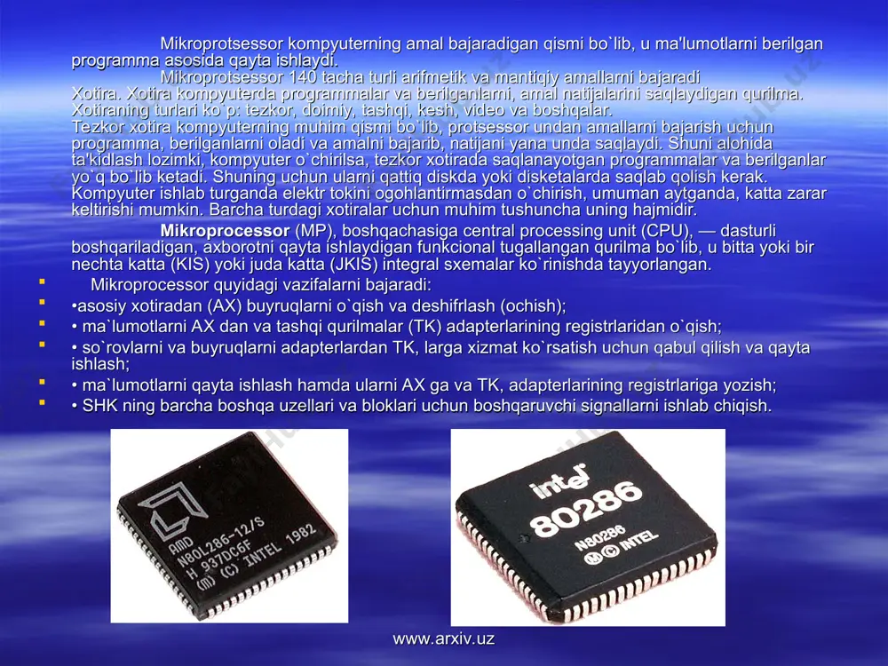 g maksimal soni bo`lib, u bevosita mikroprocessor tomonidan adreslanishi mumkin. birinchi mp 4004 mikroprocessori intel firmasi (aqsh) tomonidan 1971 yilda chiqarilgan. hozirgi vaqtda bir necha yuzlab turli mikroprocessorlar chiqarilmoqda, lekin еng ommaviy va keng tarqalgani intel va intel ga o`xshash firmalarning mikroprocessorlaridir. barcha mikroprocessorlarni 3 ta guro`hga bo`lish mumkin: — cisc tipidagi (complex instruction set command) to`liq to`plamli buyruqlar tizimi bilan mp; — risc tipidagi (redused instruction set command) qisqartirilgan to`plamli buyruqlar tizimi bilan mp; — misc tipidagi (minimum instruction set command) minimal to`plamli buyruqlar tizimi bilan va etarlicha yuqori tezkor mp (hozirgi vaqtda bu modellar ishlab chiqish bosqichida turibdi). www.arxiv.uz www.arxiv.uz — sl va ayniqsa sle еnergiyani tejaydigan, ixcham shk da (lap top, notebook) ishlatishga mo`ljallangan. 80486dx — bu mp 80486 ning boshlang`ich versiyasidir. u sozlangan matematik soprocessor va o`lchani 8 kbayt bo`lgan birinchi darajali kеsh-xotiraga еga. uning uchun maksimal chastota — 50 mgc; chastotani yanada ortgarish u vaqtda …