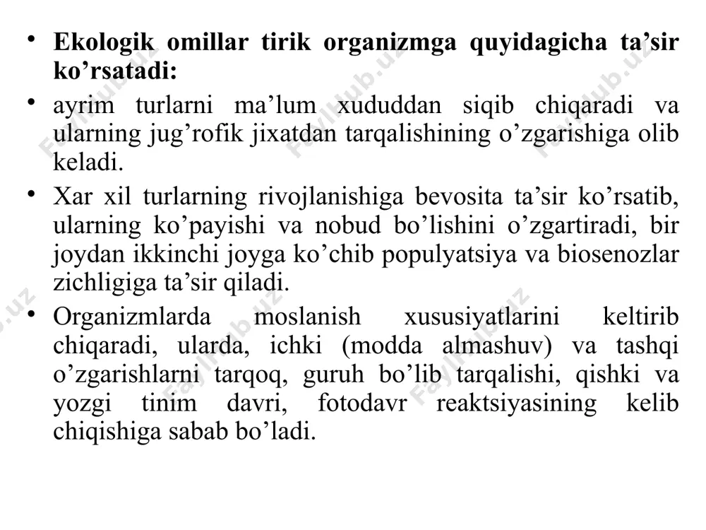 od ortiqchaligidan yoki ular ta’sir qilish kuchlarining kamligidan kelib chiqishi mumkin. bu holat pessimum zonasi deb ham ataladi. organizmning hayot faoliyati ekologik omillarning minimal mohiyati ta’siridangina chegaralanmay, balki u yoki bu omillarning ortiqcha miqdordaligidan ham organizm holati aniqlanadi. tabiiy muhitda chegaralovchi omillarning maksimal mohiyatini 1913 yili amerikalik zoolog v.shelford aniqlab, unga «tolerantlik qonuni» ifodasini beradi, bu qonun bo’yicha turning yashashi, qator ekologik omillarning ozligi va ko’pligi, ularning organizmni chidamlilik chegarasiga yaqin darajasi bilan aniqlanadi. 9 hamma ekologik omillarni organizmlarning chidamlilik chegarasiga yaqinligi yoki undan ortib ketishi va turning yashashiga salbiy ta’sir qiladigan muhit elementlariga chegaralovchi omillar deyiladi. shunday qilib, organizm ekologik minimum va ekologik maksimum holati bilan tavsiflanadi, shu ikki ekologik ko’rsatkichki u sezadi, unga moslanish orqali javob qiladi, organizmning maksimum va minimum ko’rsatkichlari o’rtasida ekologik omillarning organizmga ta’sir qilishiga turning tolerantlik chegarasi yoki ekologik amplitudasi deb aytiladi. xar bir tirik organizmning turli ekologik omillarga nisbatan chidamlilik darajasi yoki chidash …