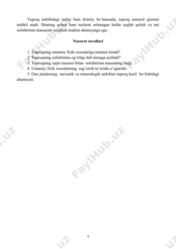 xossalarning sug‘orish ta’sirida o‘zgarishi. 5. ona jinslarning mexanik va mineralogik tarkibini tuproq hosil bo‘lishidagi ahamiyati. page 4