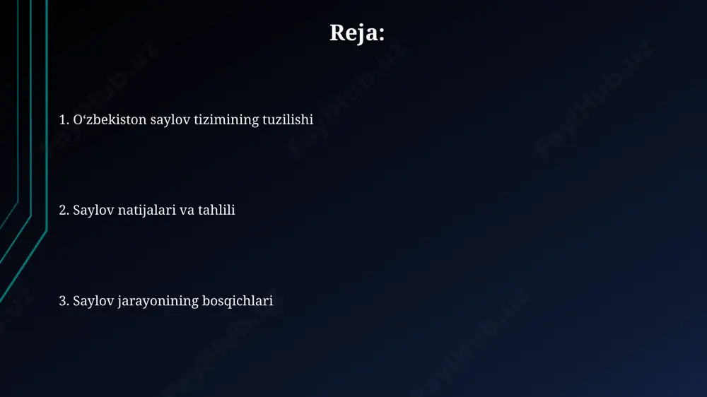 ing roli saylovda kuzatuvchilar 50 dan ortiq saylov uchastkasini kuzatish huquqiga ega bo‘lib, ularning faoliyati xolis va shaffof saylov jarayonini ta’minlashga qaratilgan. kuzatuvchilarning hisobotlari saylov komissiyalari tomonidan ko‘rib chiqilib, 24 soat ichida javob berilishi shart. bu saylov jarayonining ochiqligi va hisobot berish mexanizmini mustahkamlaydi. saylov qonunchiligiga ko‘ra, har bir siyosiy partiya yoki nomzod kamida 2 ta kuzatuvchini saylov uchastkasiga yuborishi mumkin, bu ularga saylov jarayonini nazorat qilish imkoniyatini beradi. saylov tizimini isloh qilish istiqbollari elektron saylov tizimini joriy etish bo'yicha 2025-yilgacha bo'lgan istiqbolli rejalar, 10% dan ortiq saylov uchastkalarida sinovdan o'tkazishni va natijalarni qayta hisoblashning aniqligi va tezligini oshirishni nazarda tutadi. saylov kodeksining 2023-yilda amalga oshirilgan o'zgartirishlari, xususan, siyosiy partiyalar ro'yxatdan o'tkazish tartibini soddalashtirish va saylov jarayonining shaffofligini oshirishga qaratilgan 5 ta asosiy yo'nalishni o'z ichiga oladi. mustaqil kuzatuvchilarning ishtirokini kengaytirish va ularning vakolatlarini kuchaytirish, shu jumladan, 30% dan ko'proq saylov uchastkalarida kuzatuvchilarning huquqiy kafolatlarini ta'minlash orqali saylovlarning adolatli va …