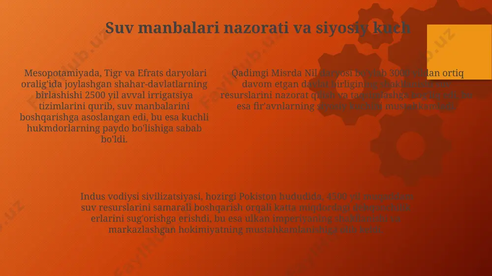 olib keldi. chegara nizolari va suv resurslari qadimgi mesopotamiyada, miloddan avvalgi 3000-yillarda, tigris va efrat daryolari bo'ylab joylashgan shahar-davlatlarning birlashishi suv resurslarini boshqarish va sug'orish tizimlarini birgalikda rivojlantirish ehtiyoji bilan bog'liq edi. miloddan avvalgi 1500-yillarda misrda nil daryosi bo'ylab 20 dan ortiq nomlarni o'z ichiga olgan nomutanosib viloyatlarning birlashuvi, daryo bo'yidagi unumdor yerlar uchun kurash va suv taqsimlash masalalarini hal qilish zarurati bilan belgilangan. xorazm viloyatida miloddan avvalgi i ming yillikda amudaryo bo'ylab joylashgan qishloq xo'jaligi jamoalari 5-10 ming gektar maydonni sug'orish uchun murakkab kanallar tizimini yaratdilar, bu ularning siyosiy birlashuviga turtki bo'ldi. e'tiboringiz uchun rahmat @taqdimot_robot image2.png image3.svg image5.png image1.png